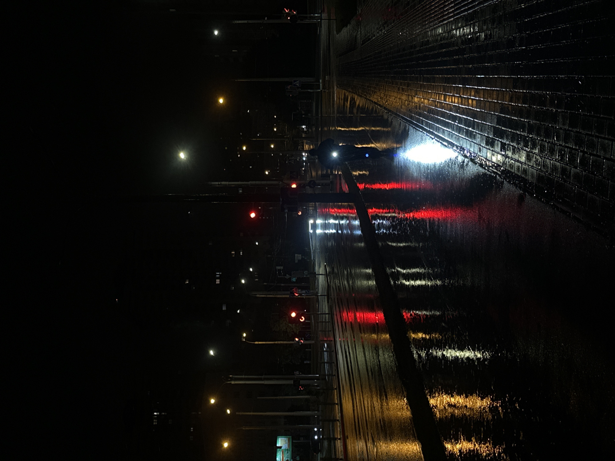 The image depicts a nighttime street scene in Бараўлянскі сельскі Савет, Belarus, likely after rainfall given the wet pavement and reflections. A lone figure, possibly on a bicycle or scooter, is visible in the mid-ground, illuminated by their own headlight and the ambient streetlights and traffic signals. The street is lined with utility poles and traffic lights, some of which display red signals. Buildings with illuminated windows are visible in the background. The road surface is a dark asphalt, reflecting the red and yellow lights of the traffic signals and street lamps. To the right of the road, a paved walkway with a brick-like pattern is visible. The overall atmosphere is dark and wet, with strong reflections from artificial light sources.