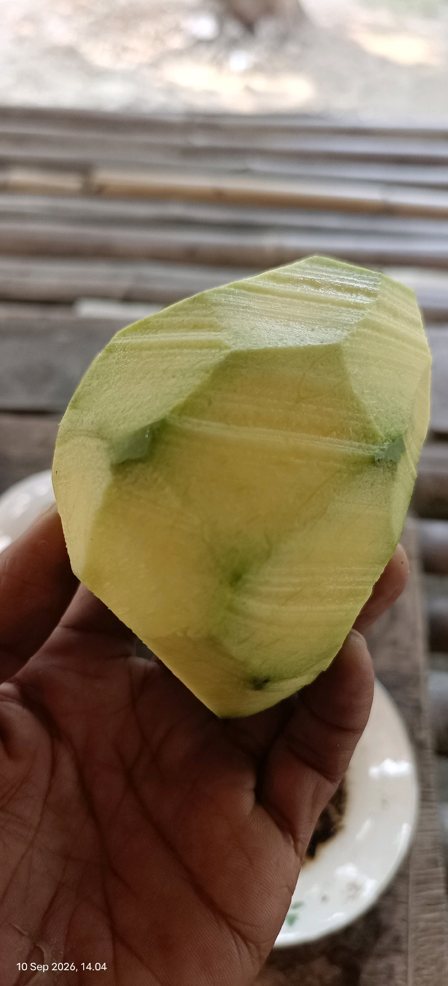 A close-up shot shows a hand holding a partially peeled green mango. The mango's skin has been removed in sections, revealing the yellow flesh beneath. The hand appears to be that of an adult, with visible lines on the palm. In the background, blurred wooden slats suggest an outdoor setting, possibly a table or wall. A white plate with dark contents is partially visible in the lower right corner. The image is timestamped "10 Sep 2026, 14.04". The location is specified as Mojopetung, Indonesia.