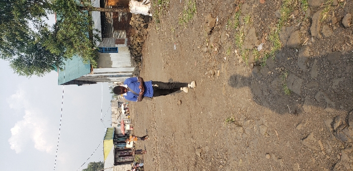 The image captures a daytime scene on an unpaved dirt road in Buzove, Democratic Republic of the Congo. In the foreground and center, a male individual, appearing to be an adult, walks forward, looking down and holding a smartphone with both hands. He is dressed in a blue short-sleeved collared shirt, dark trousers, and light-colored shoes. A dark strap, possibly from a bag, crosses his chest.
The ground consists of rough, dark brown earth mixed with rocks, debris, and sparse patches of dry grass. To the right of the path, a building with a light blue corrugated metal roof and white and unpainted concrete or stucco walls is visible. A small, blue-framed window is present on its facade. A large, green-leafed tree stands in front of this building, partially obscuring it. Near the base of the building, a pile of dark, irregular objects and a white sack are visible.
To the left, a series of lower-rise structures, likely commercial or residential, line the road, featuring various corrugated metal roofs and diverse wall materials. Further in the background, the dirt road continues, flanked by additional structures and faint figures, including what appear to be children playing. Utility lines are stretched across the upper portion of the frame against a hazy, partly cloudy sky. The distinct shadow of the photographer is cast on the ground directly in front of the viewer, extending towards the walking subject.