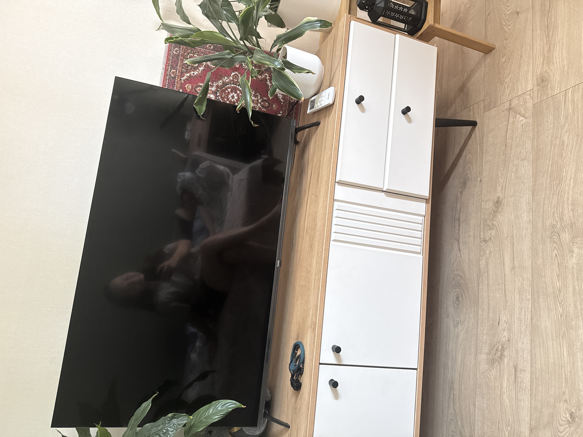 The image shows a room interior with a television mounted on a wall next to a light brown and white cabinet. The television screen reflects the silhouettes of two people. Above the cabinet is a plant in a white pot, placed on a small red rug. Atop the cabinet there is also a black object with a wooden stand. The cabinet appears to be a storage unit with a combination of closed cabinets and drawers. The floor is covered in wood-patterned laminate. The wall is painted in light beige. The location is unknown.