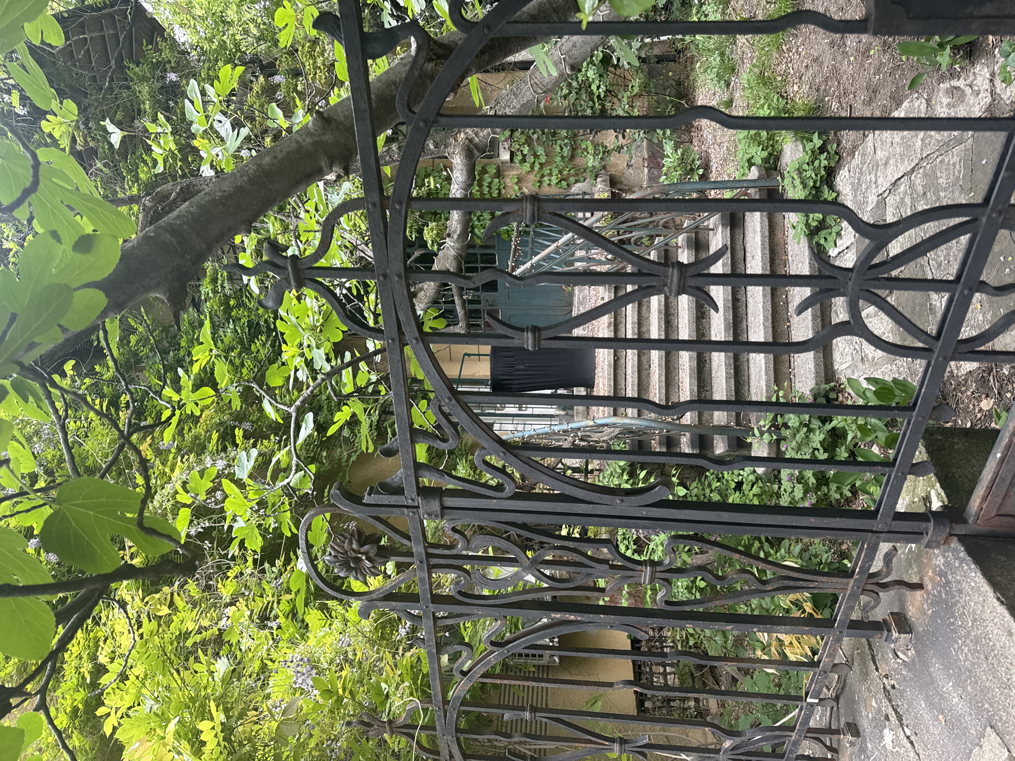 A wrought iron gate stands ajar, offering a view of a staircase leading upwards. The gate's design features curvilinear elements and decorative finials. Beyond the gate, stone steps are visible, surrounded by green vegetation. At the top of the stairs, a small blue door or gate is seen. The surrounding environment is lush with foliage. The photograph is taken in Sofia, Bulgaria, with the scene depicting a garden or courtyard accessible via the staircase.