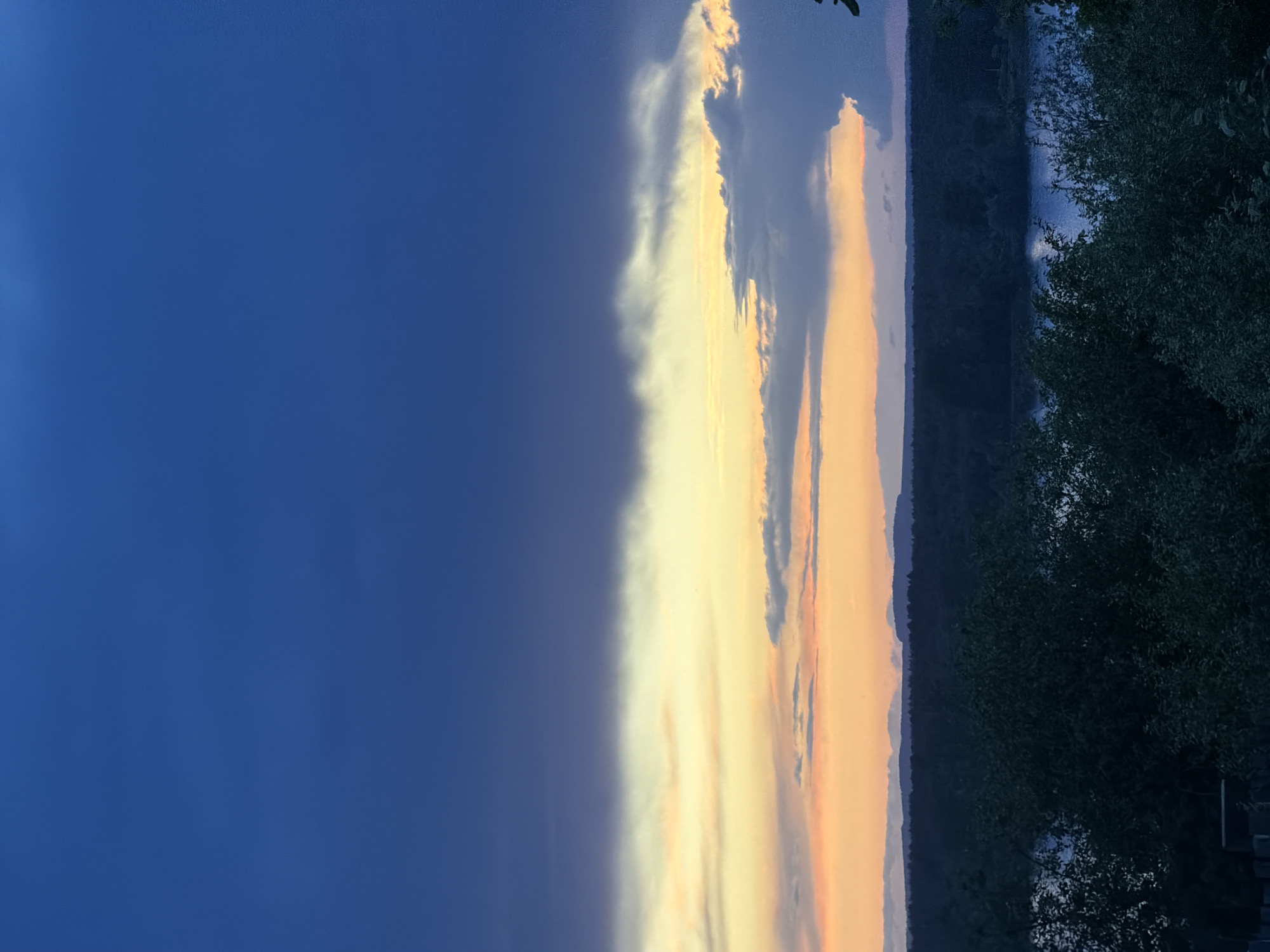 The image depicts a twilight scene, likely in the city of Chaikovsky, Russia, given the prompt. On the left, a clear, deep blue sky transitions into a band of sunset colors: yellow, orange, and faint pink, indicating the presence of the sun near the horizon. The colors are diffused by clouds, creating a soft glow. A dark forested area stretches across the midground, potentially outlining a river or lake. In the right foreground, dense foliage, possibly trees, obscures part of the scene. The light appears to be fading, as the colors are muted and shadows are deepening.