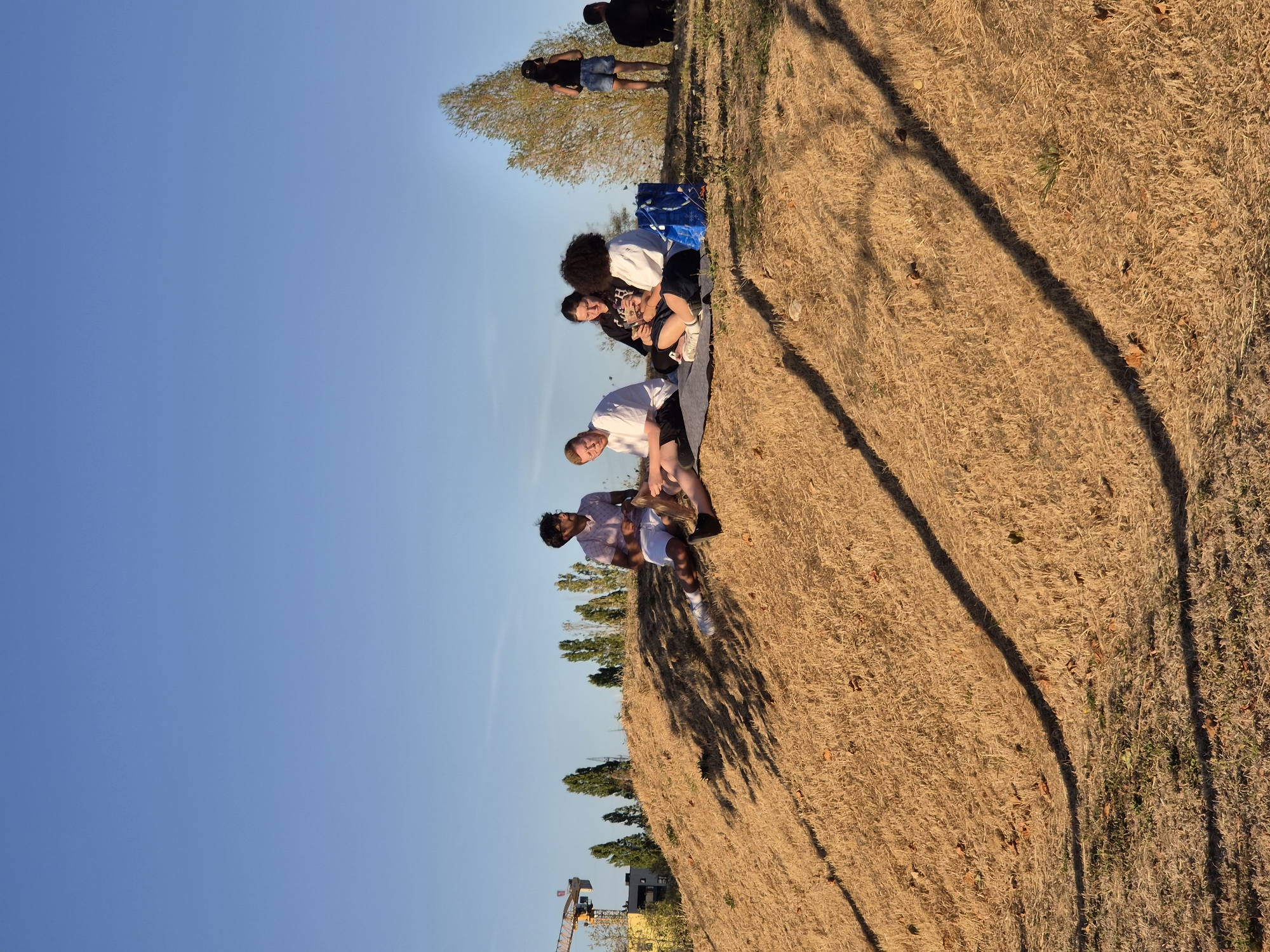 The image depicts a group of five individuals gathered on a grassy, sun-drenched hill in Sanem, Luxembourg. The setting appears to be a park or recreational area, with a clear blue sky overhead and shadows from unseen trees cast across the terrain. The individuals are casually dressed and appear to be engaged in conversation and enjoying a relaxed outdoor gathering.
Specifically, on the left side of the frame, a man wearing a light-colored polo shirt and white shorts is seated. To his right, another man in a white t-shirt and black shorts is also seated, facing towards the center of the group. In the center, two women are seated close together; one is wearing a black t-shirt and the other a white t-shirt. Between them, a blue, patterned bag is placed on the ground. Further to the right, a woman in a black tank top and denim shorts stands, looking towards the right of the frame. On the far right, a person in a black t-shirt and dark pants is partially visible, seated.
In the background, trees line the horizon, and a construction crane is visible to the left, suggesting ongoing development or infrastructure work in the vicinity. The ground cover is predominantly dry, yellow-brown grass, interspersed with some patches of green vegetation. The overall atmosphere is one of leisure and social interaction in an urban green space.