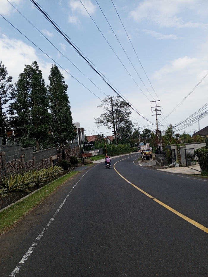 The image depicts a daytime scene in Ciloto, Indonesia, showing a two-lane asphalt road curving to the right. A single individual, wearing a pink top and a helmet, is operating a black scooter, traveling away from the viewer along the right side of the road. The road features a solid yellow center line and a solid white shoulder line on the right.
To the left of the road, a strip of decorative yellow-green plants is bordered by a dark stone wall. Behind the wall are several tall, slender evergreen trees. Further back, a brown sign with white text reads "GRANDMISION PARK & RESORT." A building with a dark roof is partially visible behind the trees and wall.
To the right of the road, near the curve, a small, cluttered structure resembling a vendor stall is present. A utility pole with numerous power lines stands further along the curve. Various trees and residential-style buildings with tiled roofs are visible in the background, along with a dark metal gate. The sky is light blue with scattered white clouds.