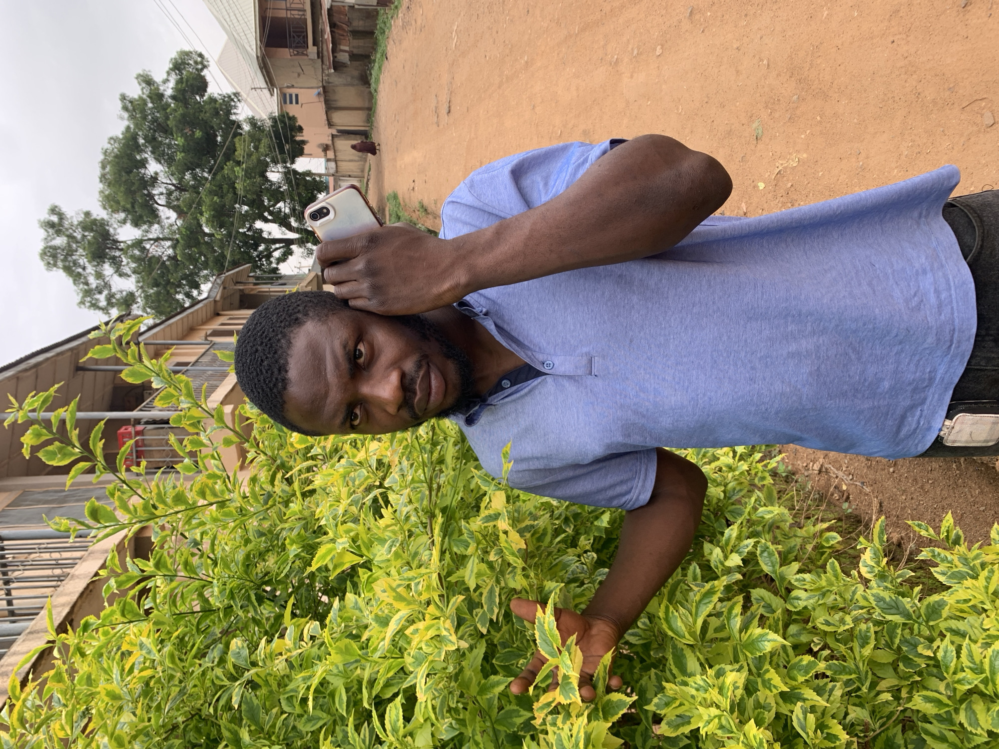 A man with dark skin, a short beard, and short, dark hair is holding a cell phone to his ear in an outdoor setting in Rafin Par, Nigeria. He is wearing a light blue, short-sleeved shirt with a buttoned placket. He is partially obscured by a bush with variegated green and yellow leaves. Behind him, there is a dirt road, a few buildings, and a large tree. In the distance, a person can be seen walking down the road. The sky appears overcast.