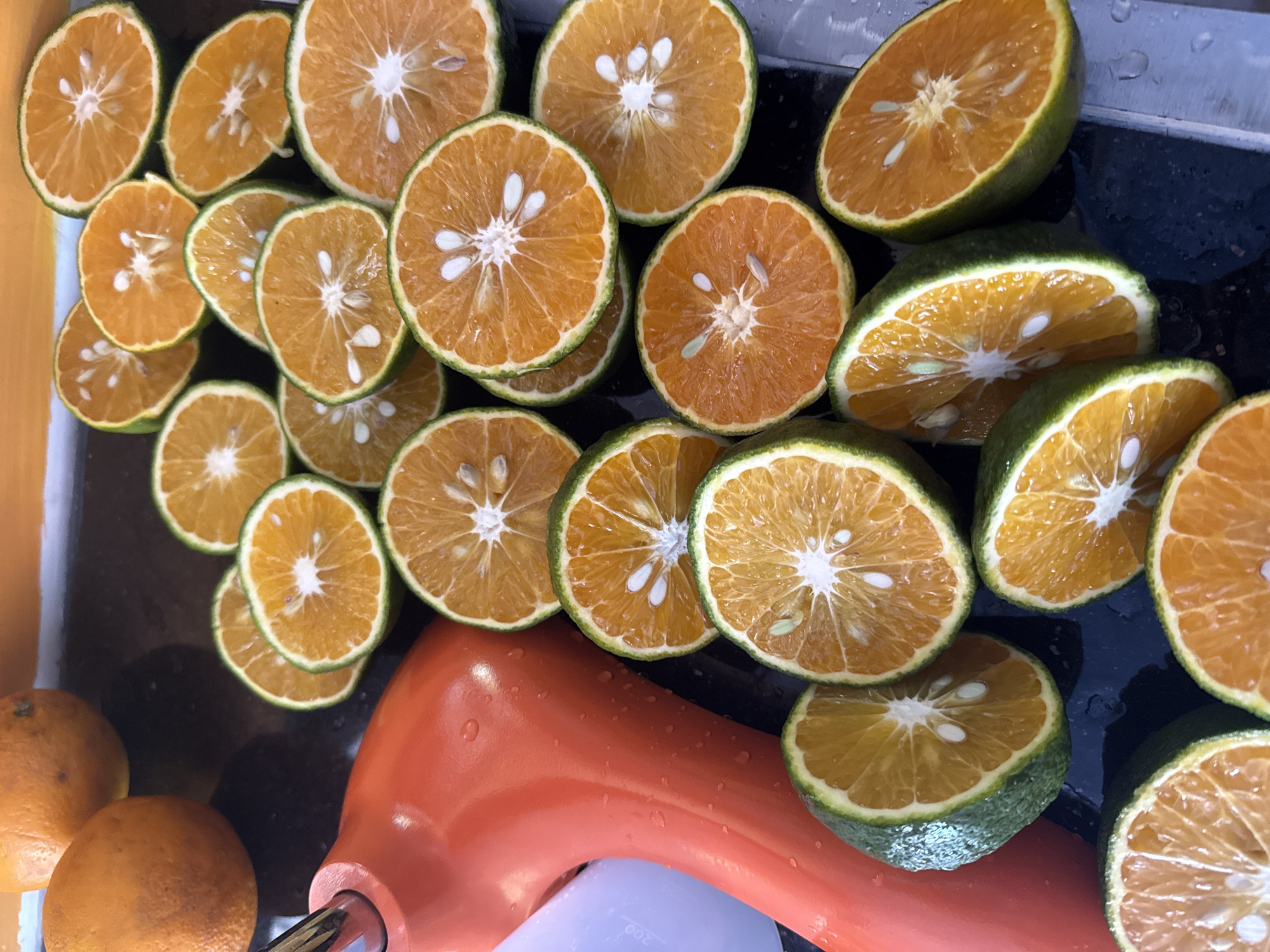 The image depicts a collection of sliced oranges, likely tangerines or a similar citrus fruit, arranged on a dark, possibly wet surface. The oranges are cut in half, revealing their pulpy interior, with some slices overlapping. The peel is a mottled green color, indicating they may be a variety of unripened citrus. An orange plastic citrus juicer is also visible in the lower center of the frame, near some whole oranges. The scene suggests fruit preparation, potentially for juicing.