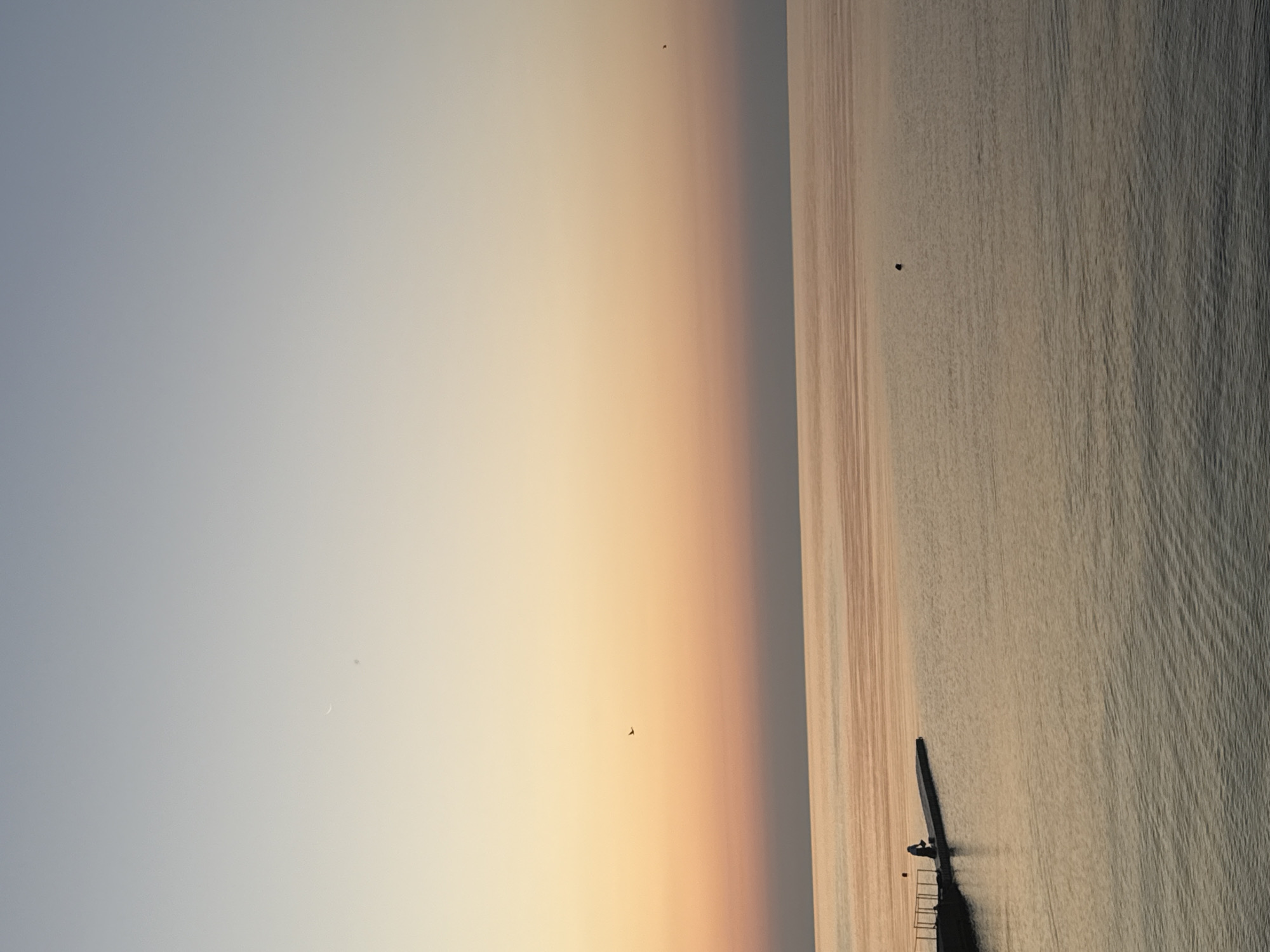 The image depicts a serene seascape at dusk or dawn, with a gradient sky transitioning from pale blue to a warm orange hue. The calm sea reflects the sky's colors, creating a muted, tranquil atmosphere. In the foreground, a dark pier juts out into the water. On the pier, a solitary figure is silhouetted against the soft light, appearing to be seated or contemplating the view. A small, dark object, possibly a buoy or another small boat, floats in the water further out. A bird is visible in flight in the upper left portion of the sky, and a crescent moon is faintly discernible. The scene is likely situated along the coast of Partenit, Ukraine, given its characteristic seaside setting.