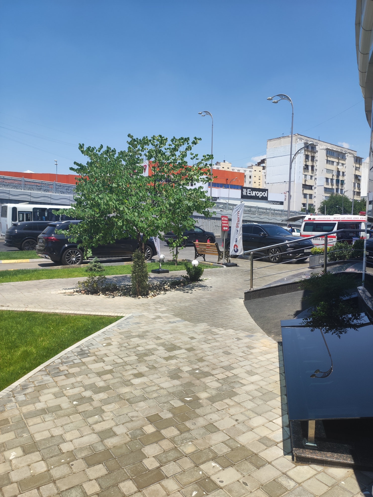 The image shows a modern urban scene in Tashkent, Uzbekistan, with a clear blue sky. In the foreground, a paved walkway made of light-colored rectangular stones leads towards the viewer, bordered by a strip of green grass on the left. Several dark-colored luxury SUVs are parked on the right side of the walkway, and a small, decorative tree stands near the foreground.
In the midground, a larger deciduous tree with lush green foliage is situated behind the parked SUVs. Behind the tree and SUVs, there are several buildings. To the left, an orange and white building is visible, possibly a commercial establishment, with a white bus parked in front of it. Further to the right, there are multi-story residential buildings with a light-colored facade. Streetlights with curved arms are visible on poles.
A white ambulance with red and blue lettering that appears to say "Laboratoriya" and other medical terms is parked on the right side of the midground, next to a black car and a white flag. There are signs with Cyrillic text, one of which reads "Europol." A wooden bench is placed near the walkway.
In the far background, more buildings and infrastructure, including overhead wires, are visible. The overall impression is a well-maintained public space adjacent to commercial and residential areas.