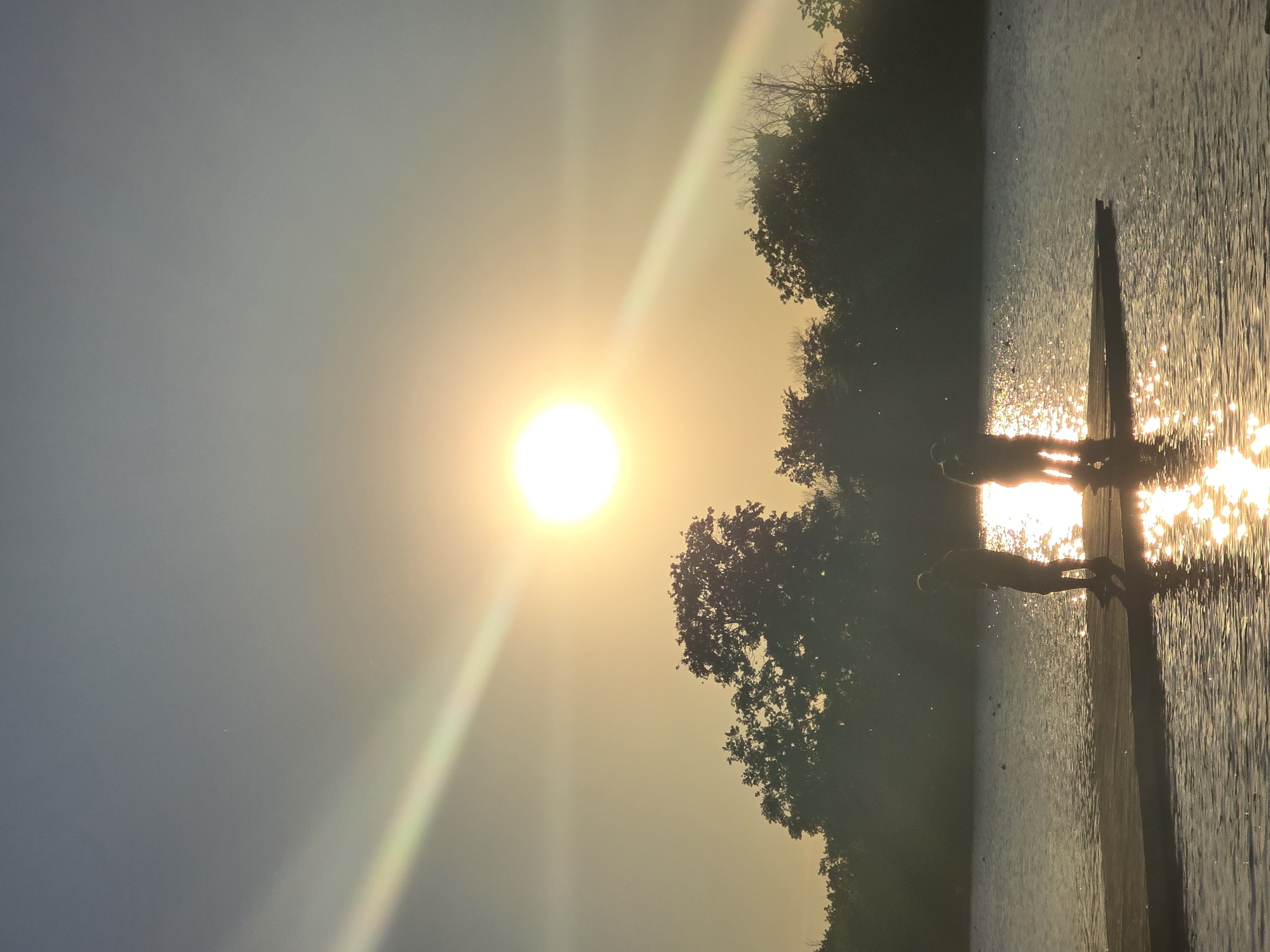 The photograph depicts a scene at a body of water during sunset or sunrise, potentially in Unknown, Unknown. A bright sun dominates the sky, with a visible sunbeam extending downward. The silhouettes of trees are visible on the right side of the frame. In the water, two individuals are positioned on what appears to be a dock or platform. One person is diving or jumping into the water, while the other stands on the edge. Light reflects off the surface of the water, creating a shimmering effect.