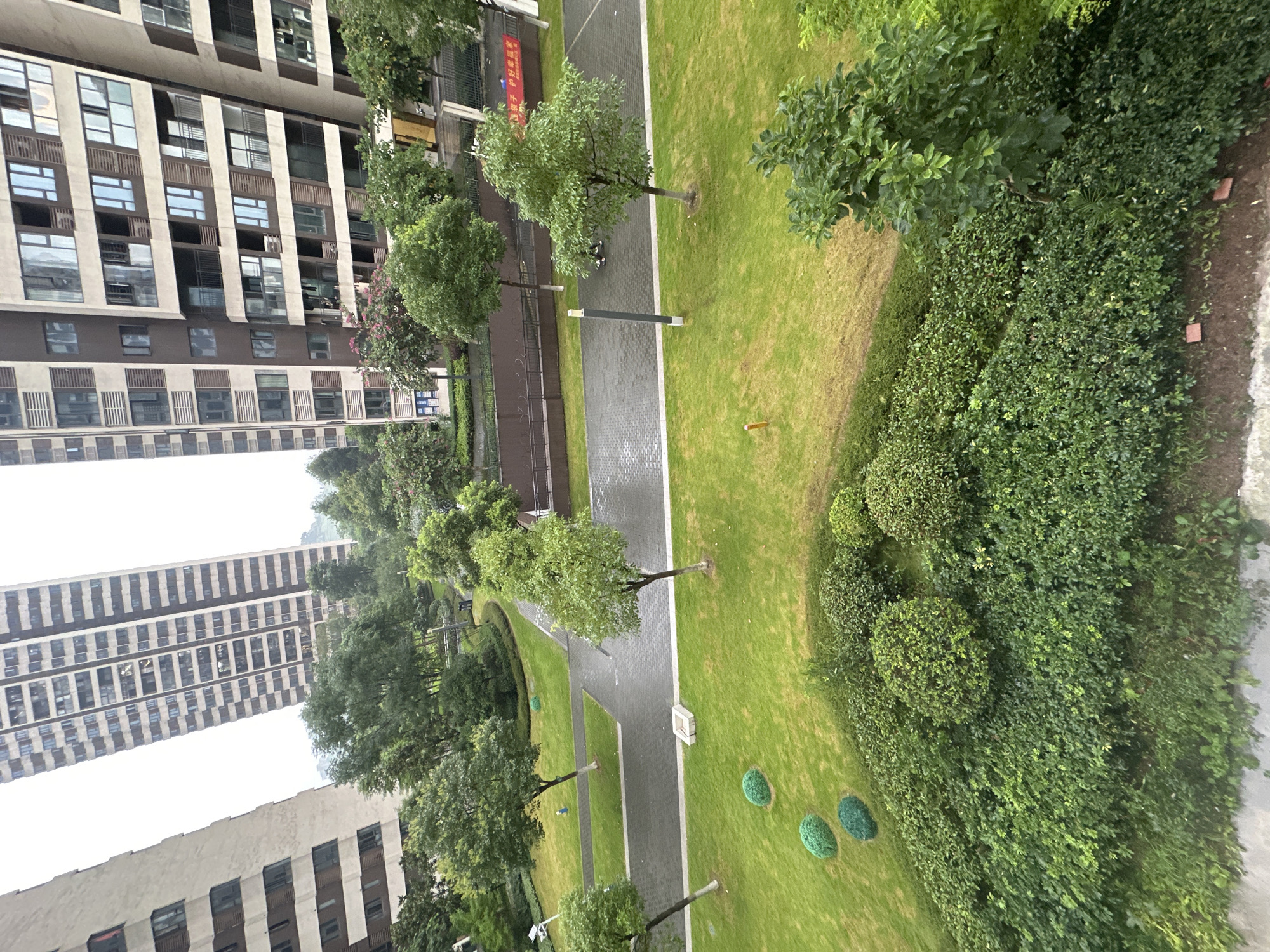 The image shows an aerial view of a park-like setting within a modern residential complex in Chongqing High-tech Zone, China. The scene is dominated by lush green grass and manicured bushes, with a paved walkway winding through the landscape. Several trees are interspersed throughout the park, some of them mature and others more recently planted.
To the left of the park, towering apartment buildings with contemporary architectural designs are visible. These buildings are characterized by their numerous windows and balconies, suggesting a high-density urban living environment. The buildings appear to be constructed with light-colored facades and darker accent features.
In the park area, a few small, spherical bushes are neatly arranged on the grass. A single orange marker stake is visible in the grass, and a rectangular concrete planter or bench is situated along the walkway. In the distance, a darker fence is partially visible, possibly bordering a recreational area.
The image is oriented with the buildings on the left and the park on the right, and it appears to have been taken from a high vantage point, likely a balcony or window of one of the apartment buildings. The overall atmosphere is tranquil and well-maintained, indicative of a planned community designed with both living spaces and green areas. There is no visible text in the image. The weather appears to be overcast, and the time of day is difficult to ascertain precisely, but it seems to be daytime.