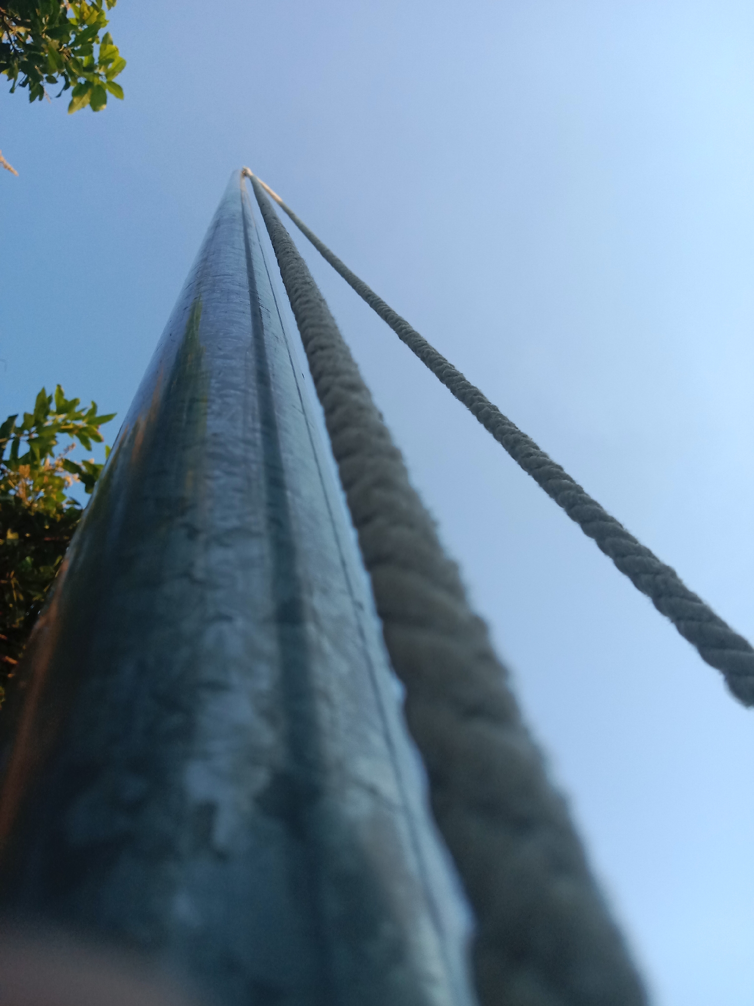 A low-angle shot from the perspective of someone looking up at a tall, metallic pole against a clear blue sky. A thick, braided rope runs parallel to the pole, disappearing out of frame at the top. The pole is textured with vertical lines and appears to be slightly out of focus in the foreground, with the rope becoming sharper as it extends upwards. To the left of the pole, a cluster of green leaves from a tree is visible, also out of focus. The scene evokes a sense of height and openness, with no immediate indicators of specific urban features within Probolinggo, Indonesia, beyond the presence of a typical outdoor pole and rope that could be found in various public spaces.