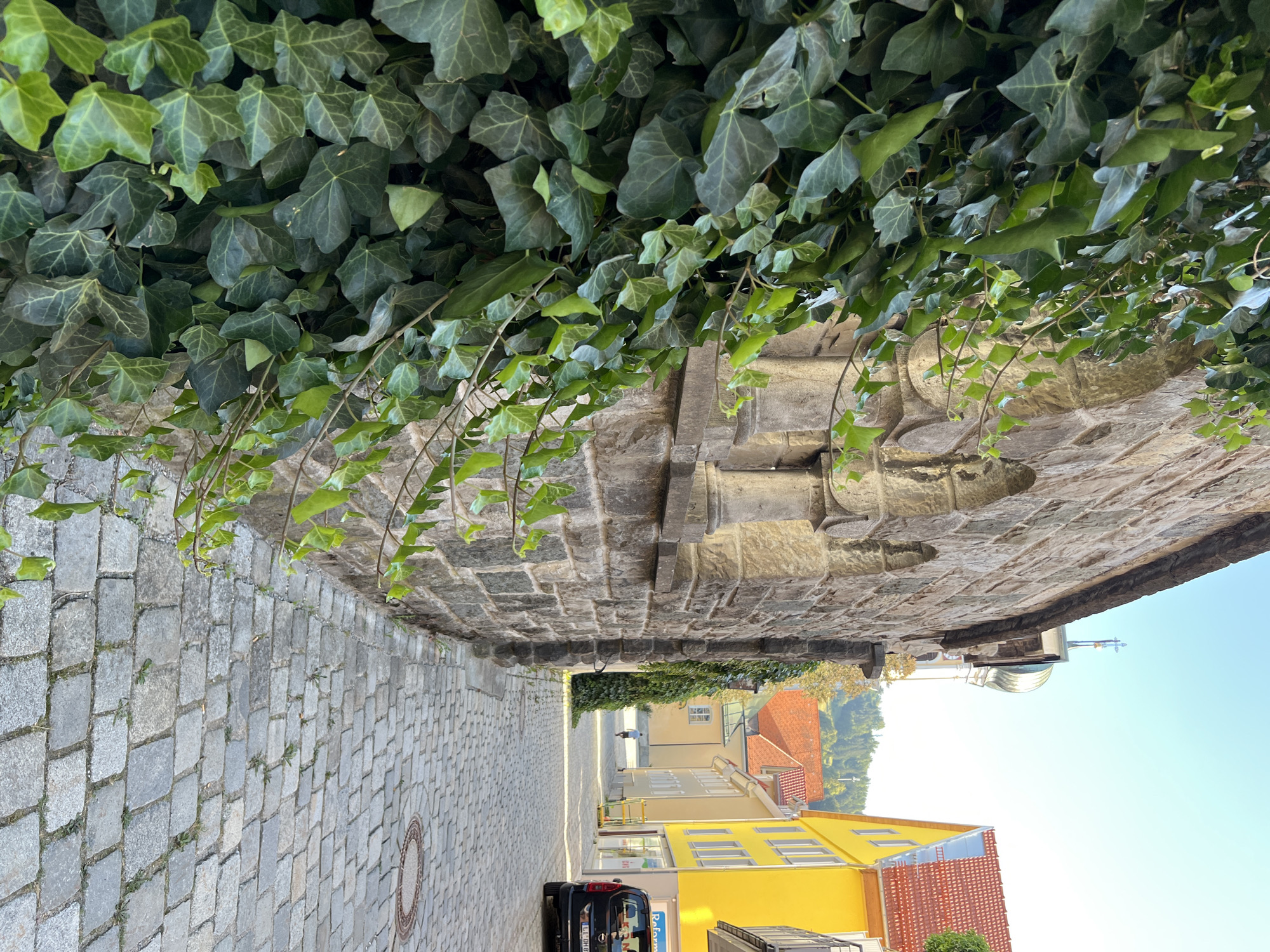 The image shows a narrow cobblestone street in Immenstadt im Allgäu, Germany. On the left, a textured stone wall is heavily covered with green ivy, with some of the ivy branches extending into the foreground. The wall features arched recesses with decorative stone carvings. To the right of the wall, the cobblestone street recedes into the distance, bordered by buildings. The building on the immediate right is a bright yellow structure with red roof tiles, displaying signage for "Reformhaus". Further down the street, other buildings with red and yellow facades are visible, and a dark-colored minivan is parked on the right side of the street. In the far distance, a lone person is walking away from the camera. The sky is clear and blue. In the upper background, the dome and cross of a church spire are visible, as well as tree-covered hills.