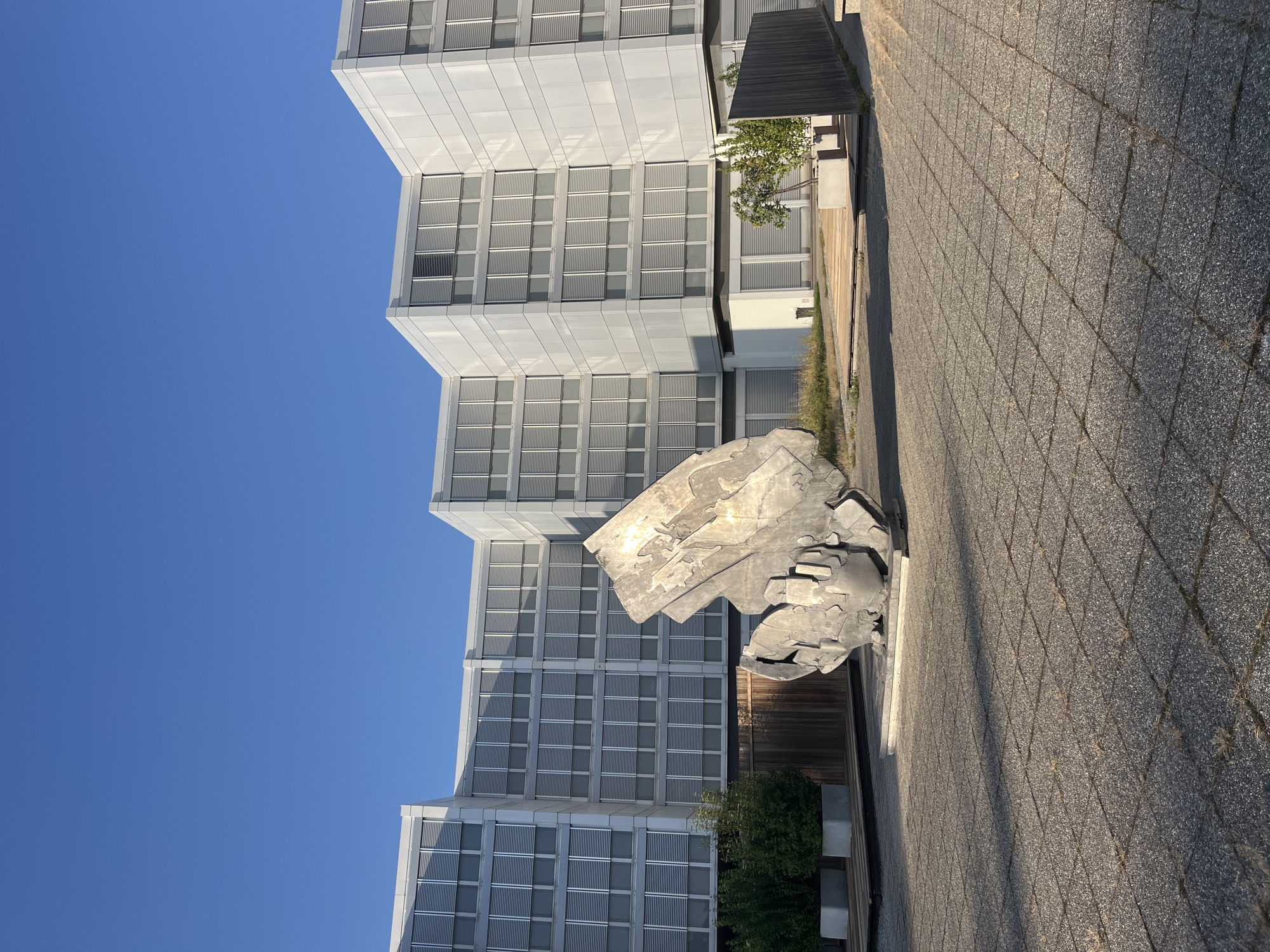 A modern, multi-story office building with a light-colored facade and numerous windows with horizontal blinds is situated in an outdoor plaza. In the foreground, a large, abstract metallic sculpture is positioned on a paved surface made of interlocking square stones. The sculpture is complex and appears to be made of interconnected geometric shapes. To the left of the sculpture are large, rectangular planters containing green shrubs. A wooden fence runs along the back of the plaza area, behind the sculpture and shrubs. Several small trees are visible in planters to the right of the sculpture, also near the wooden fence. The sky above is clear and blue. The scene appears to be set in Geneva, Switzerland, likely in a business or corporate park area, given the architectural style of the building and the presence of modern art.