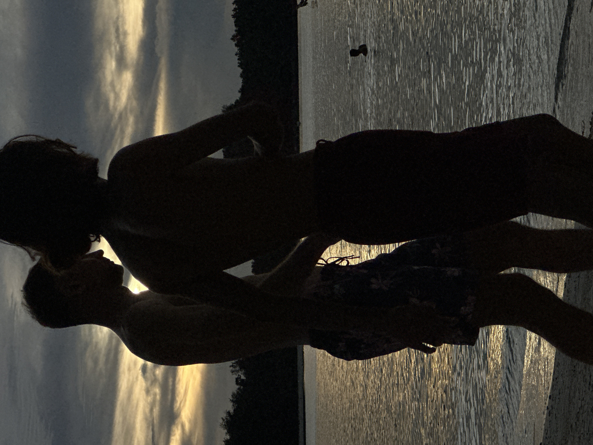 Two people are silhouetted against a lake and cloudy sky, appearing to embrace. The location is likely near a body of water with trees along the shore.