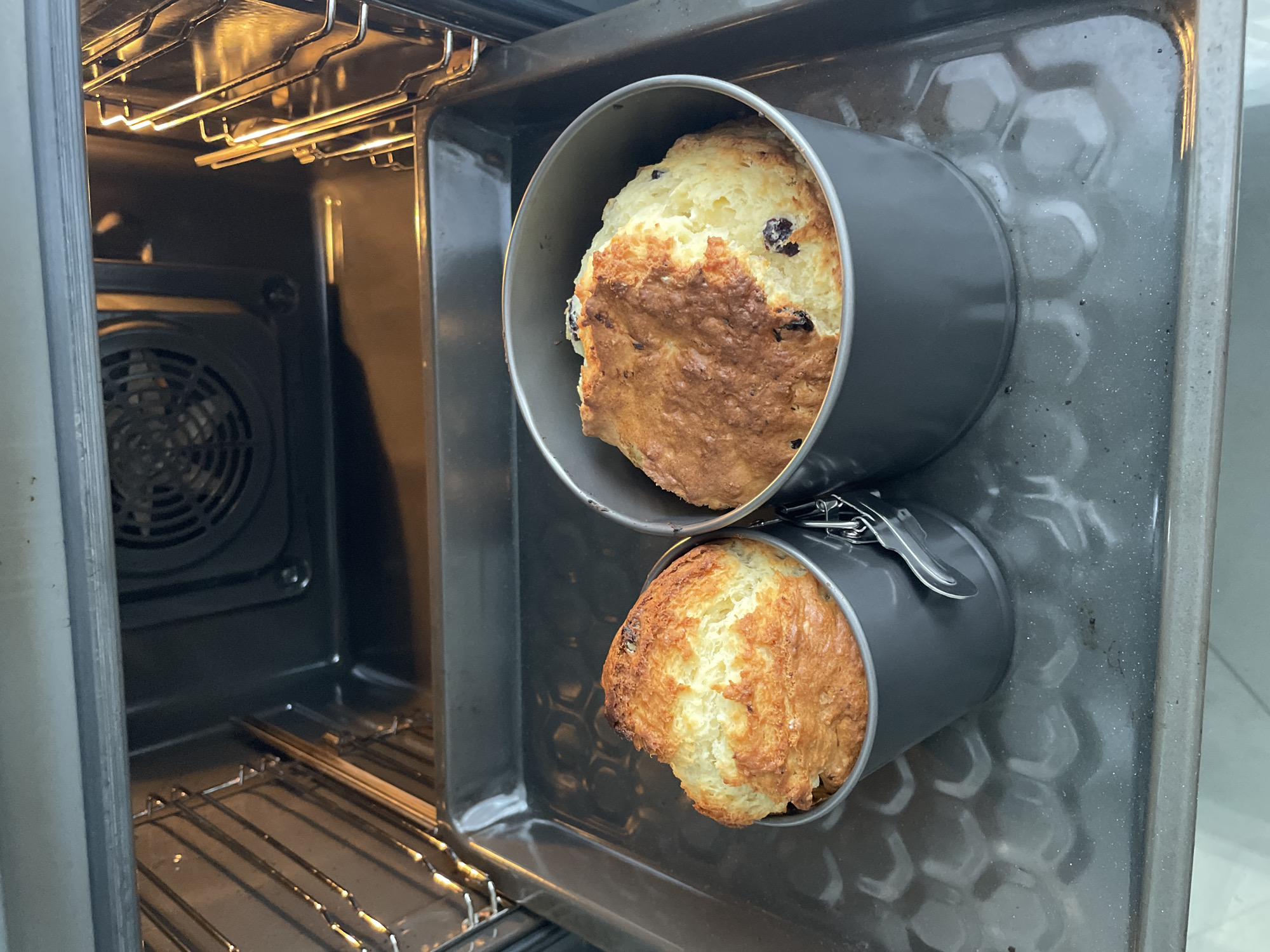 Two baked goods in gray springform pans sit on a gray baking sheet inside an oven. The oven's heating element is glowing, and the fan is visible in the back. The inside of the oven is black. The baking sheet has a textured surface. The baked goods are golden brown with a light interior. The location is indoors, possibly in a kitchen in Лесной Пейзаж Кп (шарапово, Russia, though this is not verifiable from the image.