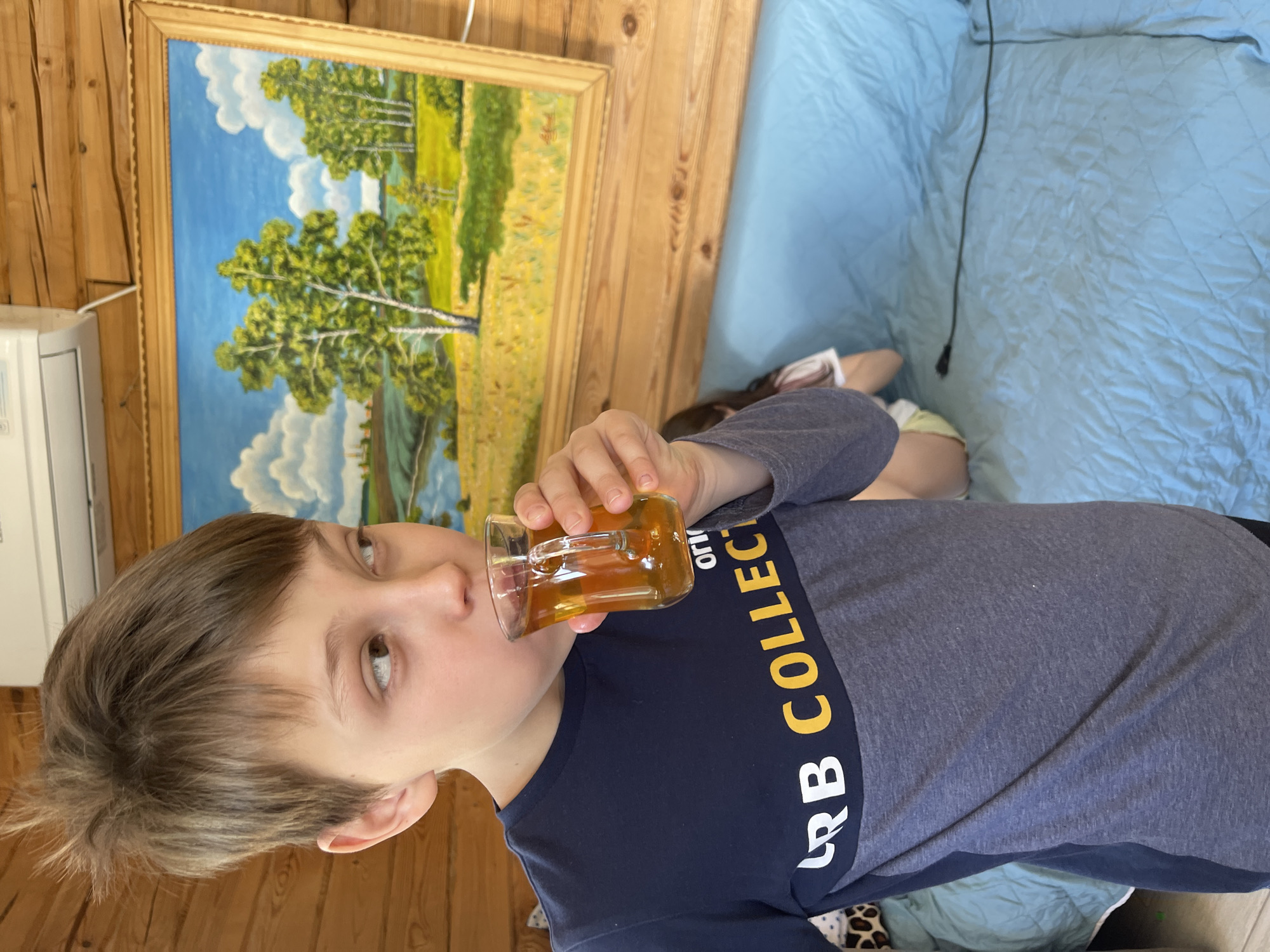 A boy with light brown hair is drinking from a transparent glass with a handle. He is wearing a dark blue shirt with a white and yellow design. He appears to be lying on a blue quilted surface, likely a bed.
In the background, there is a landscape painting in a wooden frame hanging on a wall made of wooden planks. A white air conditioner is also visible on the wall to the left.
Another person is partially visible in the background on the blue surface.
There is no verifiable information to confirm this image was taken in Chaikovsky, Russia.