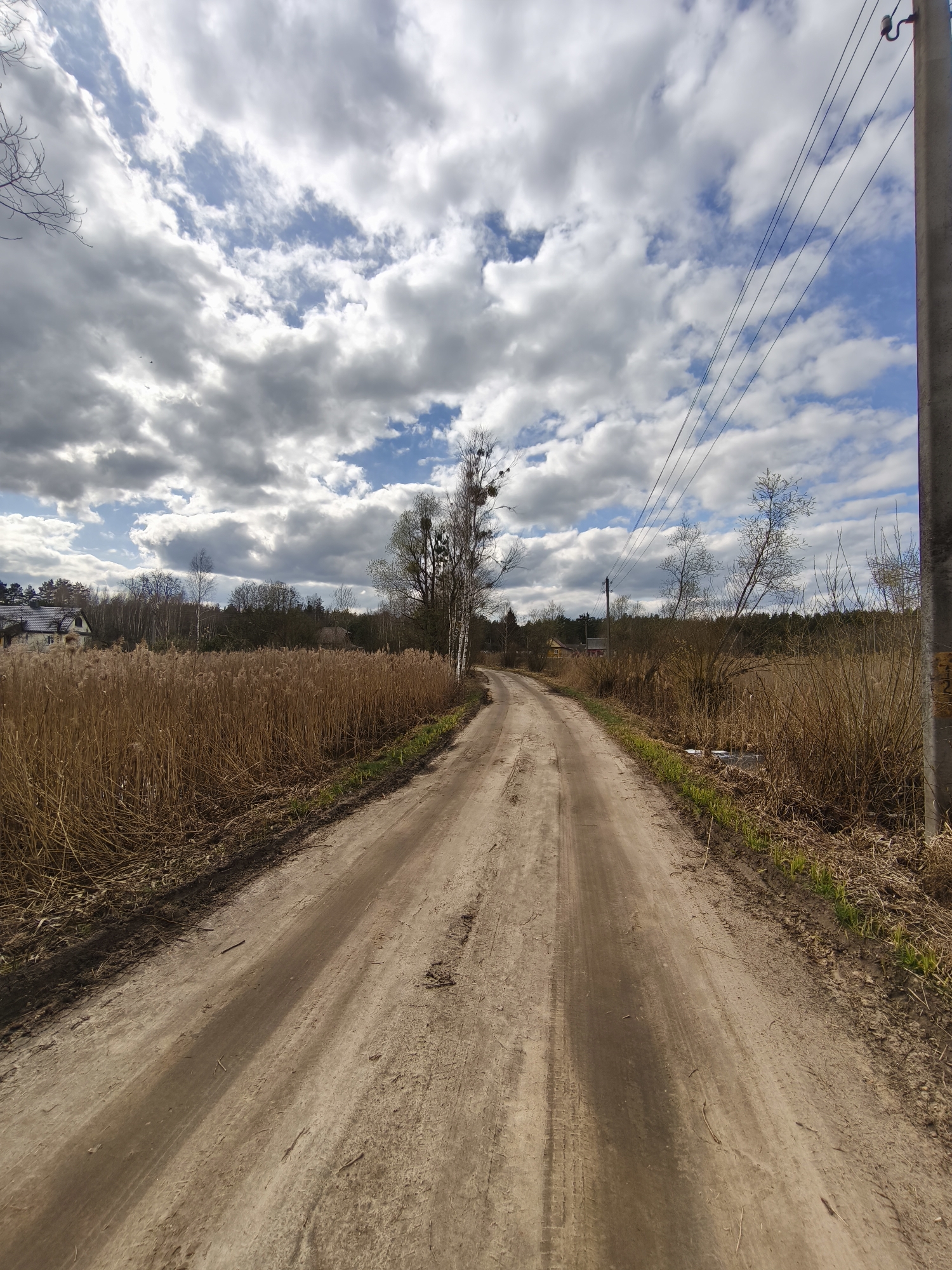 A ground-level, eye-level, outdoor shot depicts a dirt road in Парэчча, Belarus. The road leads into the distance, curving slightly to the right. Either side of the road is covered in dried reeds, with trees beyond. On the left, a building with a gabled roof can be seen. Over the road, the sky is filled with grey and white clouds, partially obscuring patches of blue sky. A concrete utility pole stands on the right side of the frame, and power lines stretch diagonally across the upper right of the shot. The general impression is of a rural or semi-rural setting. No people are visible.