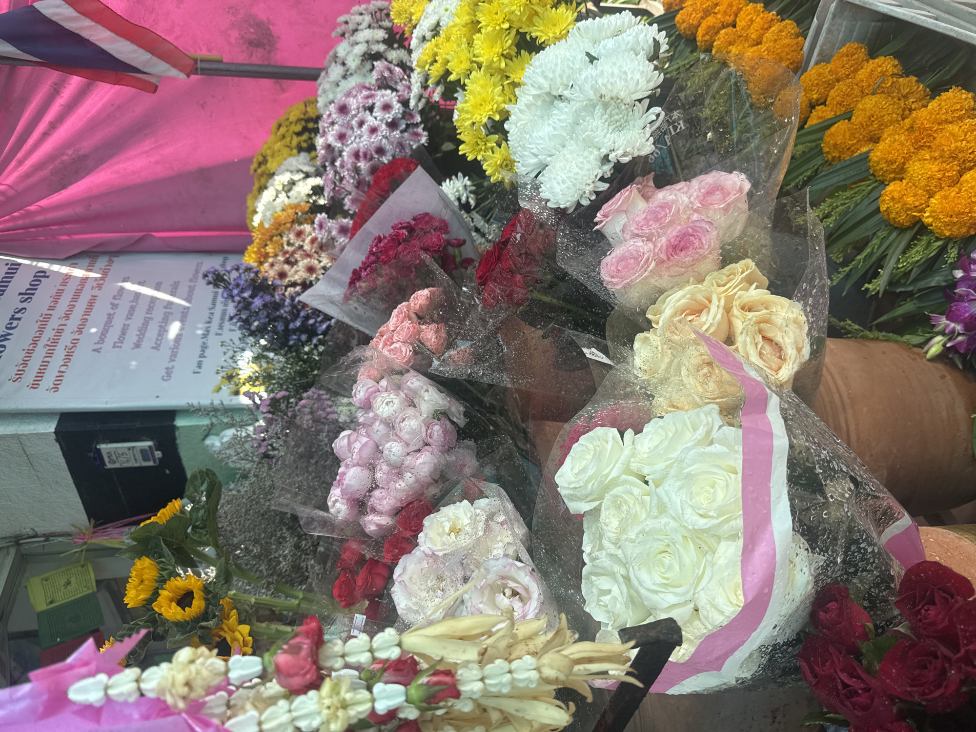 The image shows a flower shop display in what appears to be an outdoor market stall. The stall is covered by a bright pink tarp on the right, and a sign with text in Thai and English is visible on the left. A Thai flag is displayed on a pole behind the tarp.
The display features a variety of flowers, including sunflowers, roses, chrysanthemums in various colors (pink, white, yellow, purple, and red), and marigolds. The flowers are arranged in bouquets and bundles, many of which are wrapped in clear plastic, suggesting they are for sale. Some of the flowers appear to be wet, possibly from recent watering or rain.
In the foreground, a traditional Thai garland made of white and yellow flowers is hanging from the left. To the bottom left, a bouquet of red roses is visible, and a large bouquet of white roses is centrally located, wrapped with a pink and white ribbon. The flowers are placed in pots and containers, and some are arranged in crates.
The background shows a wall of the shop with some hanging items, including small green and yellow papers that might be prayer flags or decorations. The overall impression is that of a vibrant and colorful flower market.