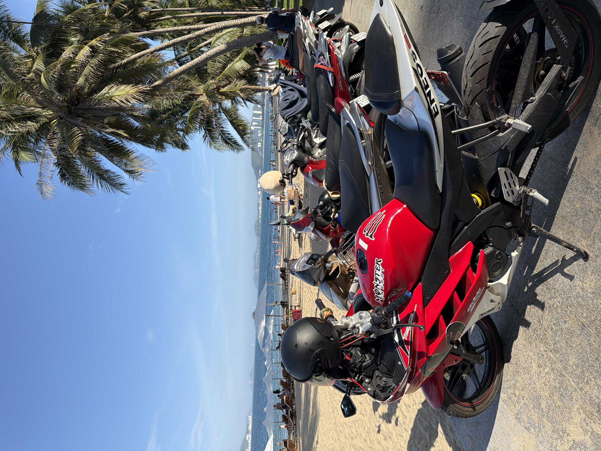 In Nha Trang, Vietnam, a row of motorcycles is parked on a paved walkway adjacent to a sandy beach. Palm trees line the edge of the walkway, providing shade. The ocean stretches out in the background, with a few people visible on the beach, relaxing on lounge chairs and walking along the shore. The sky is clear and blue, with a few wispy clouds. The motorcycles are of various makes and models, with several in the foreground appearing to be sport bikes. One red motorcycle in the foreground has a black helmet resting on its handlebars and features "Monster Energy" branding on its fuel tank. The scene suggests a popular tourist area where visitors may park their vehicles before heading to the beach.