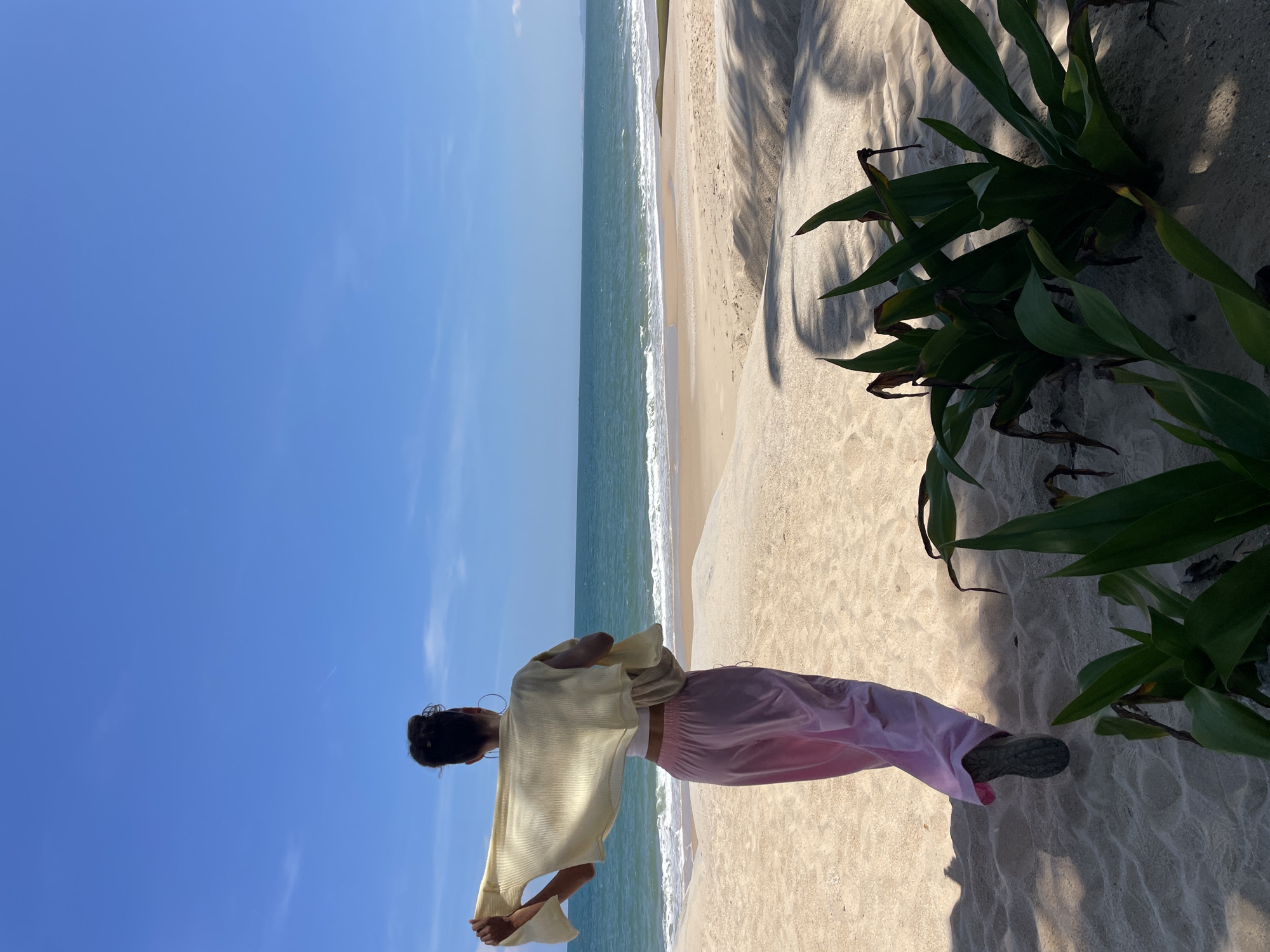In Phu Thuy Ward, Vietnam, a person from behind is walking on a sandy beach towards the ocean under a clear blue sky with scattered clouds. The individual has dark hair pulled up in a bun, wears large hoop earrings, a light yellow knitted top draped over their shoulders, pink wide-leg pants, and dark footwear. They are holding the yellow top with their left hand, letting it trail behind them. The beach is composed of light-colored sand with gentle dunes. In the foreground, there are shadows cast by palm fronds and some green leafy plants. The ocean is a deep blue-green, with gentle waves breaking on the shore. The horizon is visible, separating the sea and sky, and a faint landmass or mountains can be seen in the distance.