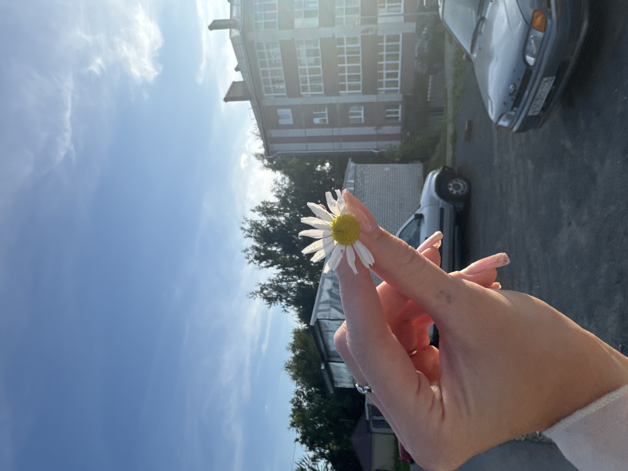 A close-up shot features a person's hand holding a white daisy with a yellow center, presented against a blurred background. The hand is adorned with a silver ring on the ring finger, and the fingernails appear to be painted in a light pink hue. Beyond the hand, a light grey sedan is visible, and further in the distance, a multi-story brick building with numerous windows stands under a bright blue sky with scattered white clouds. The scene appears to be an outdoor urban environment, possibly a residential area, with trees and other structures also discernible in the background. The lighting suggests it is daytime, with the sun casting a soft glow. The image does not provide any specific visual cues to confirm a location in Kazan, Russia.