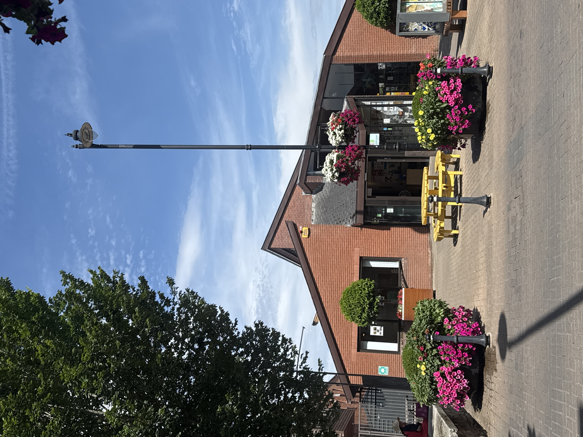 This is a daytime, eye-level, outdoor photograph taken in Clonmel, Ireland. The central subject is a red brick building with a dark roof. The building features large glass windows and a prominent entrance. In front of the building, there are large planters filled with vibrant pink and yellow flowers, as well as greenery. A yellow picnic table is situated on a paved area in front of the building. A tall lamppost with hanging flower baskets stands in front of the entrance. To the left of the building, a large tree with dense green foliage is visible. The sky is blue with scattered white clouds. The ground is paved with interlocking bricks. A portion of a person wearing a hat and a red garment is visible in the lower left corner, sitting on a stone ledge. The scene depicts a public area, possibly a community center or library, with decorative landscaping.
