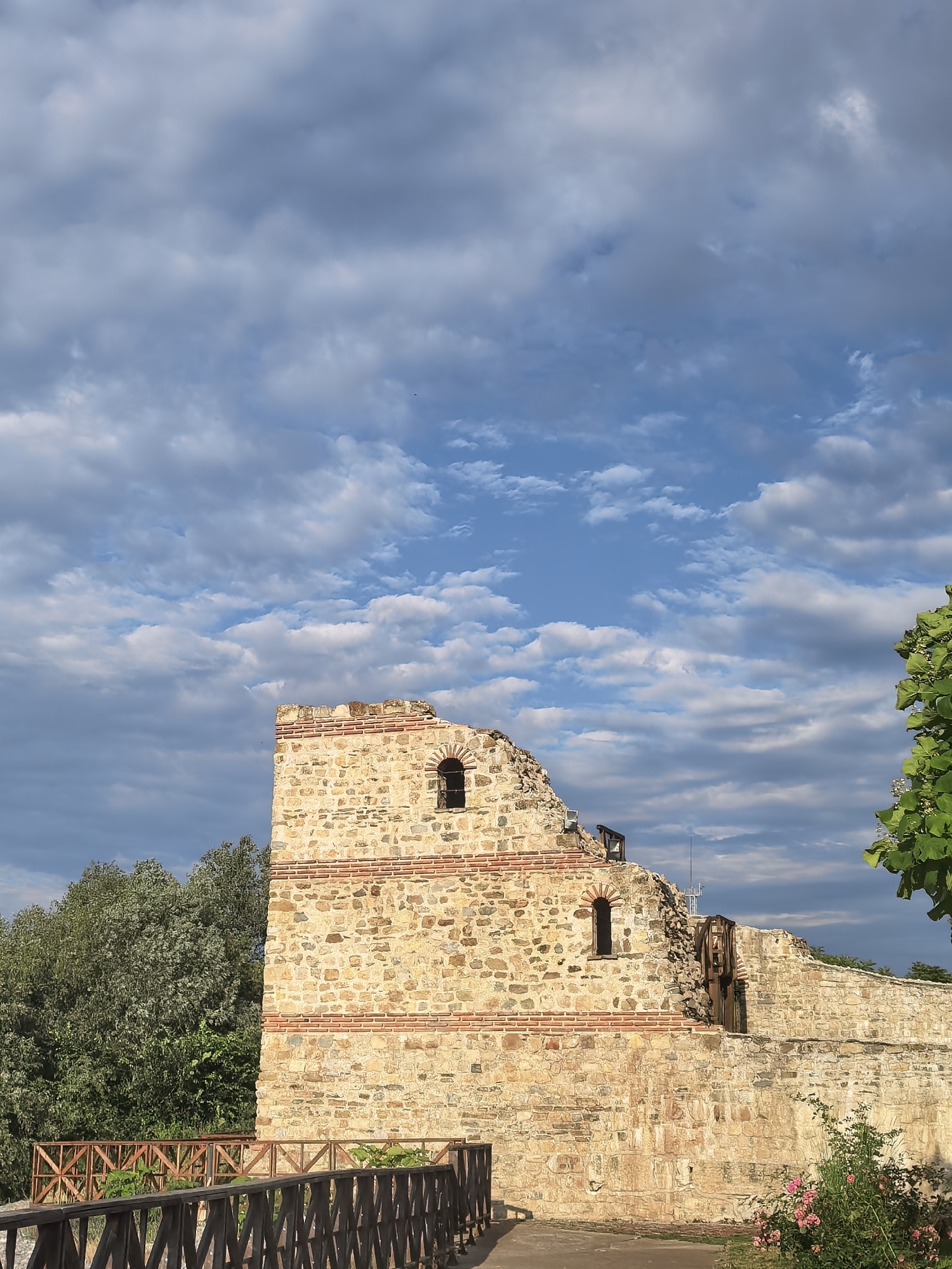 The image shows a historic stone tower with red brick accents against a cloudy blue sky. The tower appears to be part of a larger ruin or fortification, with sections of the wall missing and exposed. Small windows are visible in the stone structure. A wooden walkway or fence runs along the bottom of the image, in front of the tower. Lush green trees are present to the left and a bit of greenery on the right. A cluster of pink flowers grows near the base of the wall on the right. The lighting suggests it is daytime, possibly late afternoon or early morning, given the angle of the light and the dramatic clouds. The scene evokes a sense of history and preservation, with the ancient stone contrasting with the vibrant natural elements. The location is identified as Belene, Bulgaria. No people or visible text are present in the image.
