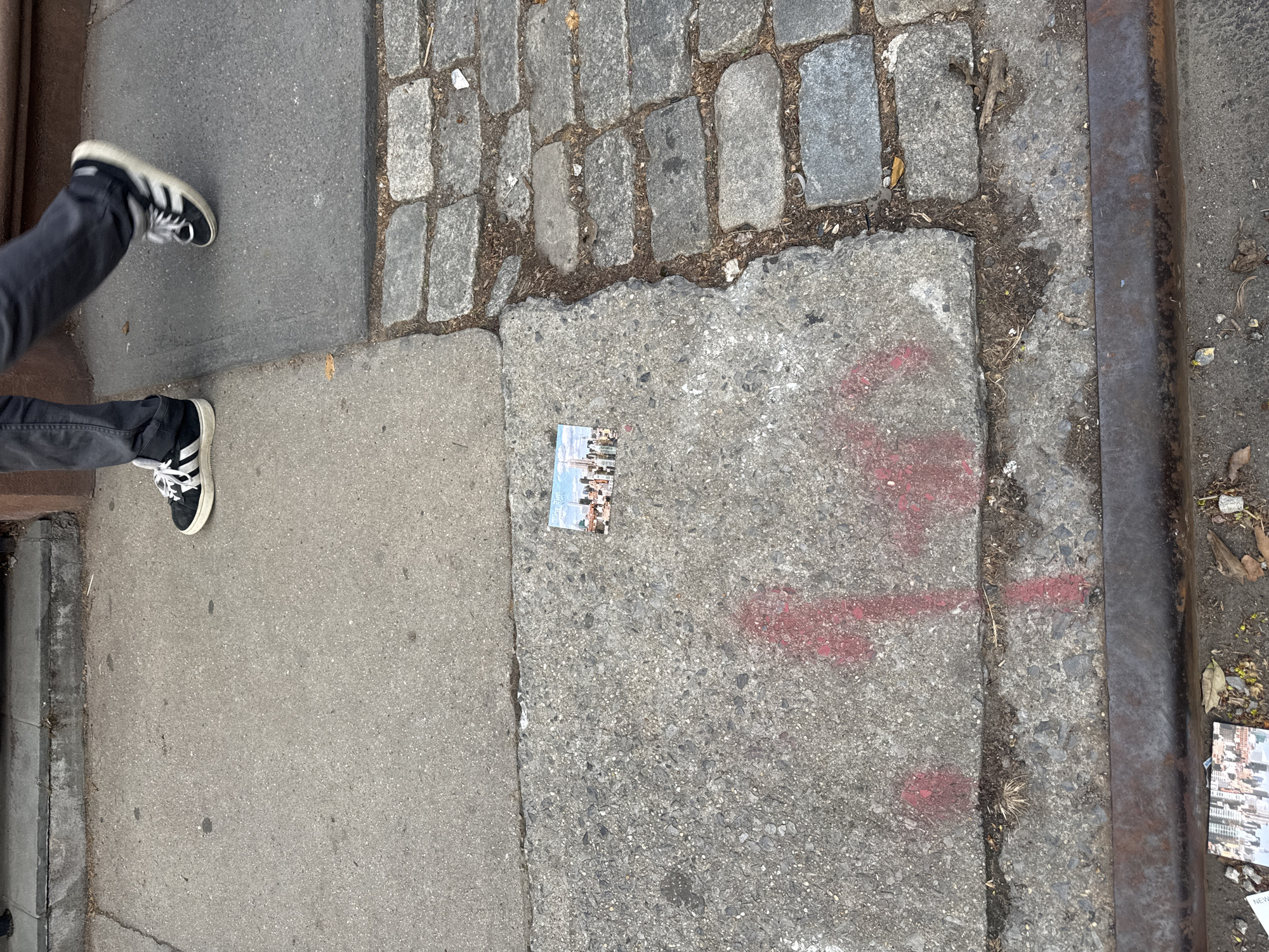 Here's a description of the image:
**Location:** A sidewalk in New York City, United States of America. This is evidenced by the postcard with a New York City skyline on the ground.
**Environment:** The sidewalk consists of both large concrete slabs and sections of cobblestone. There's a rusted metal edge along one side.
**Objects:**
* A postcard with a cityscape.
* Cobblestone pavement.
* Concrete pavement.
* A rusted metal edge.
**People:** The lower part of a person is visible, including legs and Adidas sneakers.
**Actions:** A person is standing or walking on the sidewalk.
**Interactions:** The person's feet are close to the postcard on the ground.