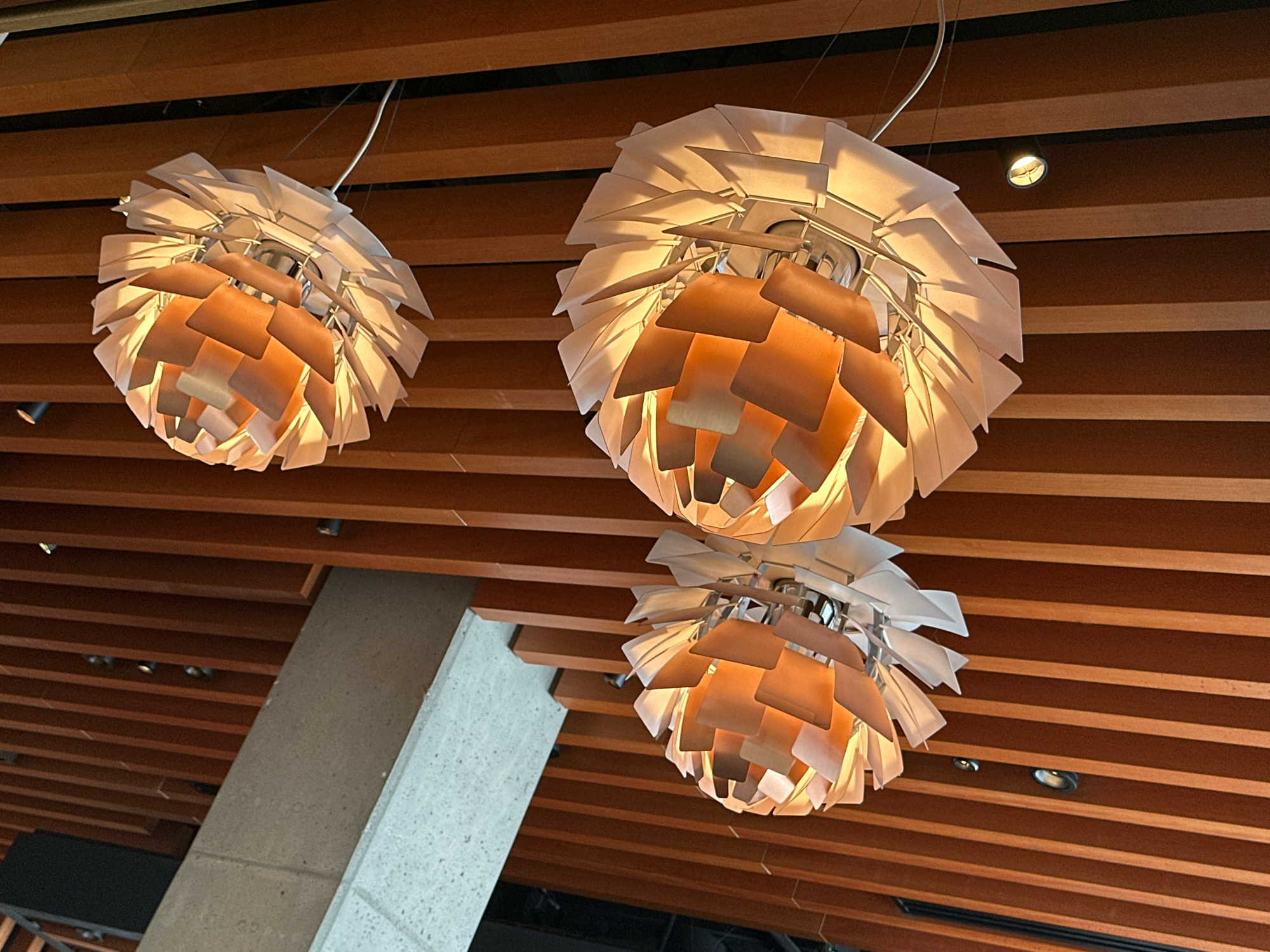 The image shows three artichoke-shaped pendant lights hanging from a slatted wooden ceiling. The lights are made of white and light brown interlocking petals, and they are illuminated from within. A concrete pillar is visible on the left side of the image. This image was taken at the Earls Kitchen + Bar restaurant located in Burnaby, Canada.