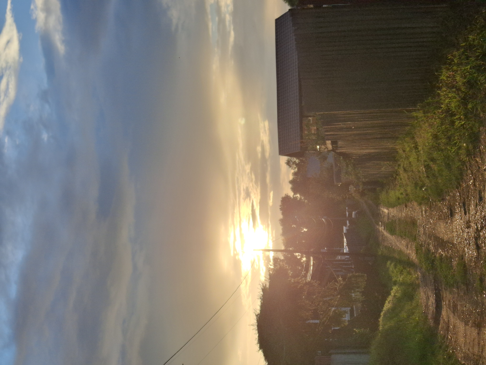 This is a vertical, medium shot of a dirt road leading towards a setting sun in Chaikovsky, Russia. The sky is dramatic with a mix of blue and grey clouds illuminated by the bright orange sun, which is partially obscured by trees and a utility pole. To the right of the road, there is a tall, dark fence made of corrugated metal, bordering a grassy area. The road itself is uneven, with visible tire tracks and scattered leaves, suggesting it is an unpaved rural or suburban lane. On the left side of the road, a large evergreen tree dominates the foreground, with some houses and more trees visible in the mid-ground. The overall lighting is warm and low, characteristic of sunset, casting long shadows across the road.
