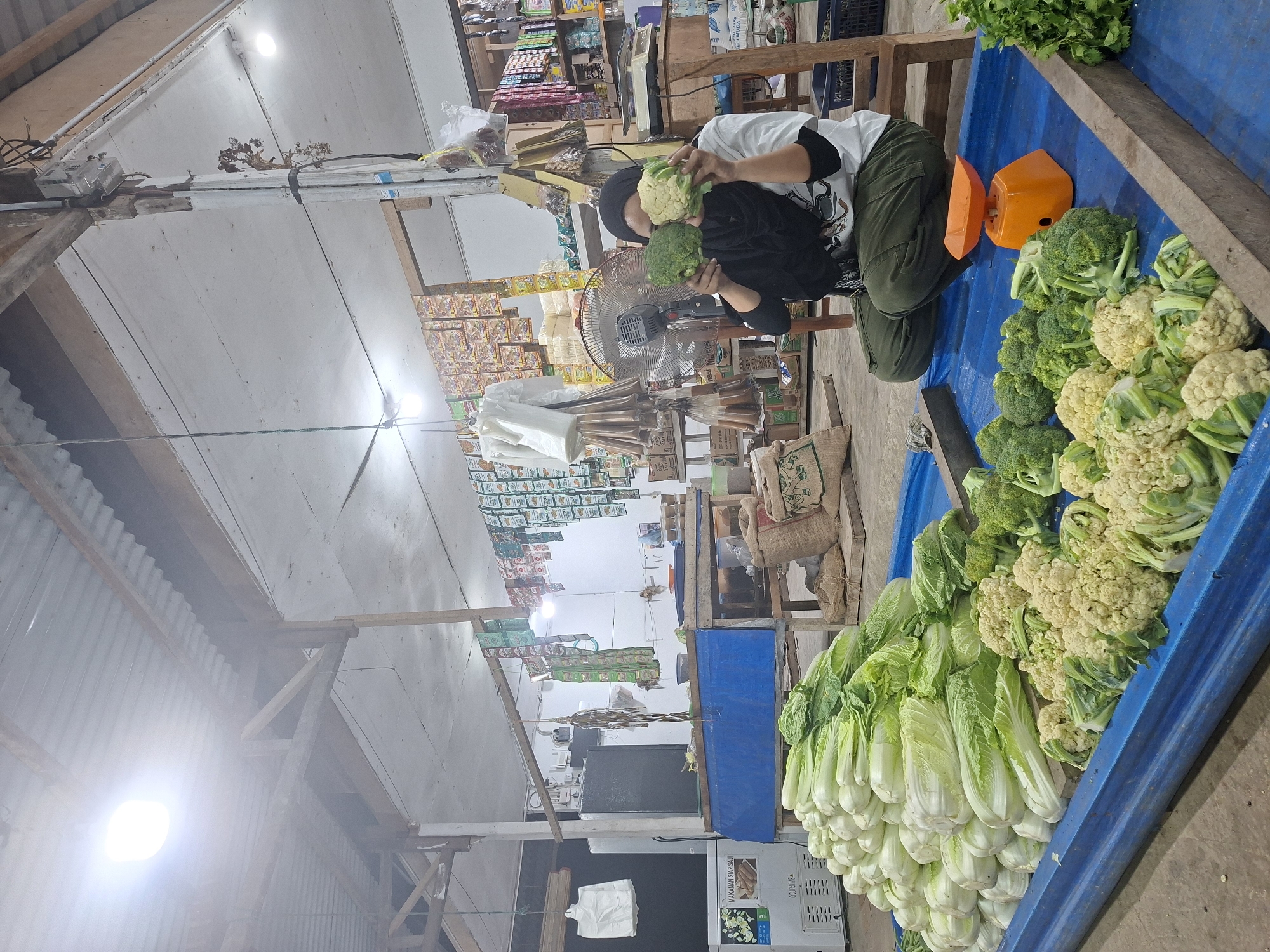 The image depicts an indoor market scene, likely in Keudeteupinpunti, Indonesia.
A person wearing a black head covering and a second individual in a white shirt are kneeling behind a table filled with vegetables, namely cauliflower, broccoli, and Chinese cabbage. They are holding a cauliflower and a head of broccoli in front of their faces. An orange scale is visible on the table.
The market setting includes shelves stocked with goods in the background. A standing fan is placed near the center of the scene. Bags of goods, hanging merchandise, and building structures are also visible in the background. The market is lit by artificial lights.