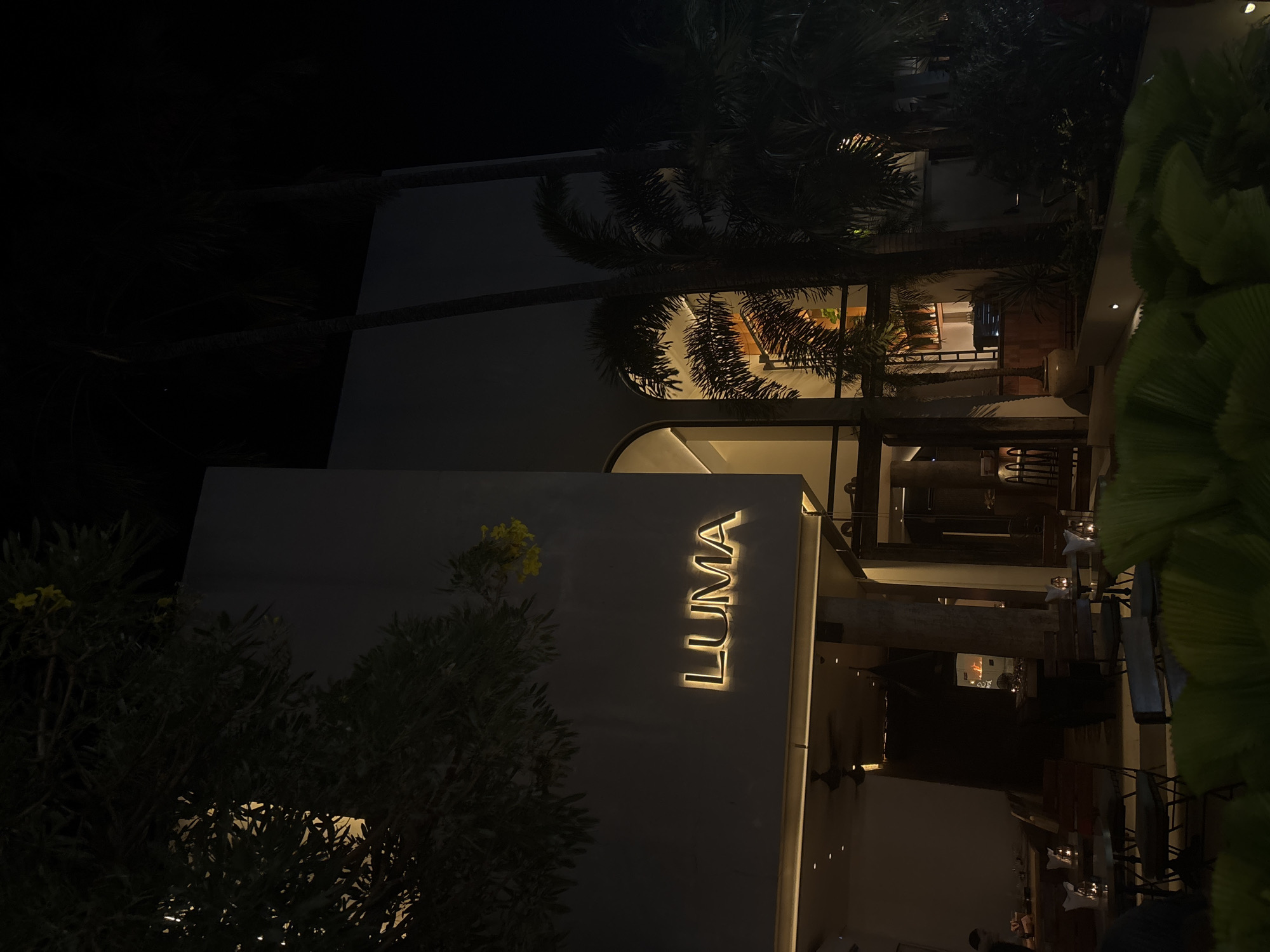 At night, the "LUMA" restaurant is illuminated with vertical, yellow, internally lit signage on the gray facade of a building in North Kuta, Indonesia. Palm trees surround the building. Customers are dining at tables on the open-air terrace.