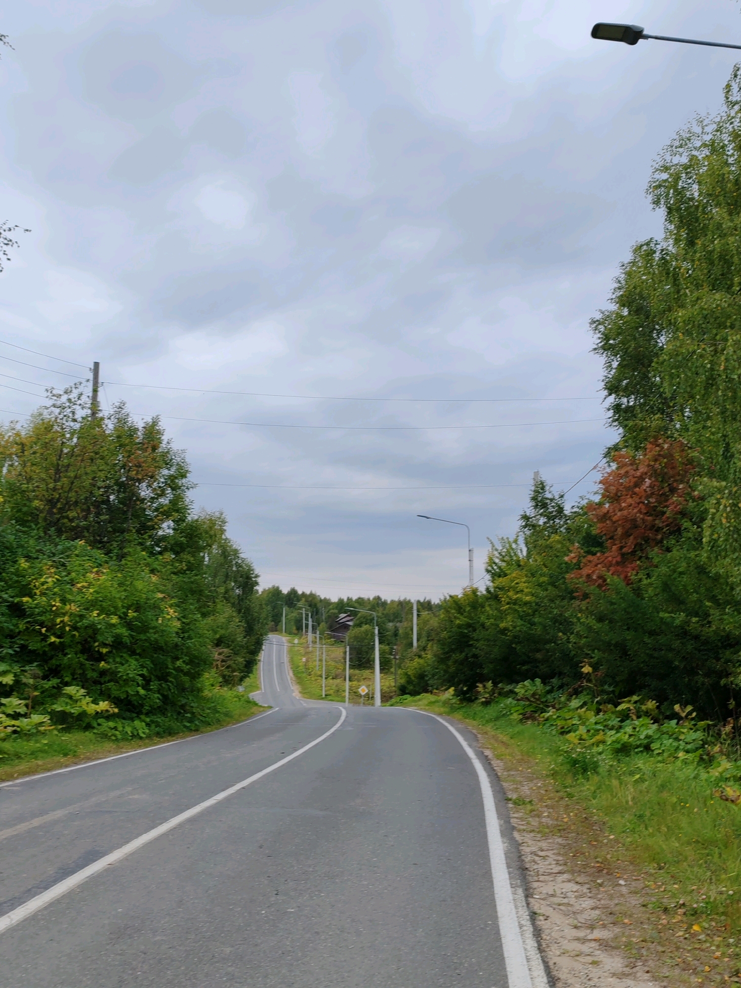 This is a photograph of a paved road winding through a wooded area. The road is marked with a white line down the center. On the left side of the road, there is dense green foliage and trees, with some yellowing leaves suggesting early autumn. On the right side, the foliage is also green, with a few trees showing reddish-brown leaves. A tall lamppost is visible on the right side of the road, near the top of the frame. In the distance, the road curves and ascends a hill, with more trees lining both sides. Several utility poles with wires are also present along the roadside. The sky is overcast with gray clouds. A small yellow diamond-shaped road sign is visible on the right side of the road in the distance. No people are visible in the image. The scene depicts a rural or semi-rural road, possibly in the city of Chuhlém, Russia, given the context provided.