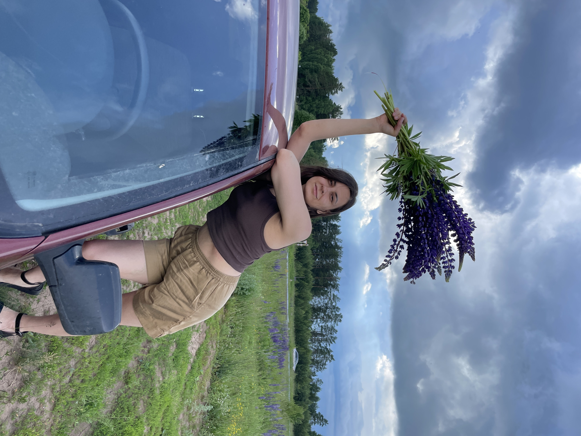 A woman is posing next to a car on a dirt road. She is holding a bouquet of purple lupine flowers above her head. She is wearing a brown tank top and beige shorts. The car is red and appears to be a hatchback. In the background, there is a field of purple lupine flowers and a forest. The sky is cloudy and appears to be late afternoon or early evening. The location is the village of Privolzhsky, Perm Krai, Russia.