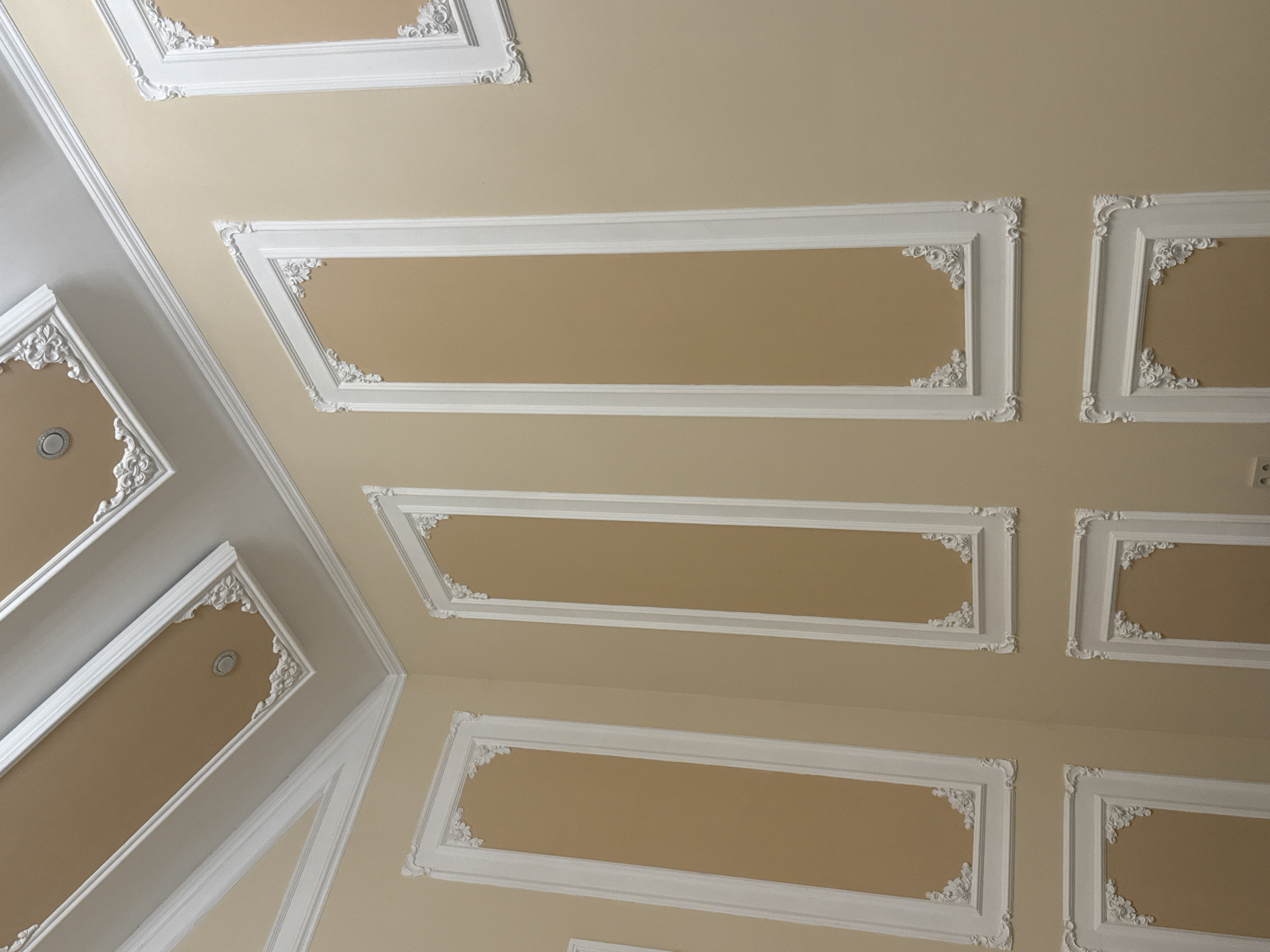 The image shows a ceiling with ornate, rectangular decorative panels. The panels are beige in the center and surrounded by white, decorative molding. Some panels contain recessed lights. The picture may have been taken inside a building, given the artificial lighting. The information about the location in Votkinsk, Russia, cannot be verified from the image. There are no people, subjects, objects, actions, or interactions.