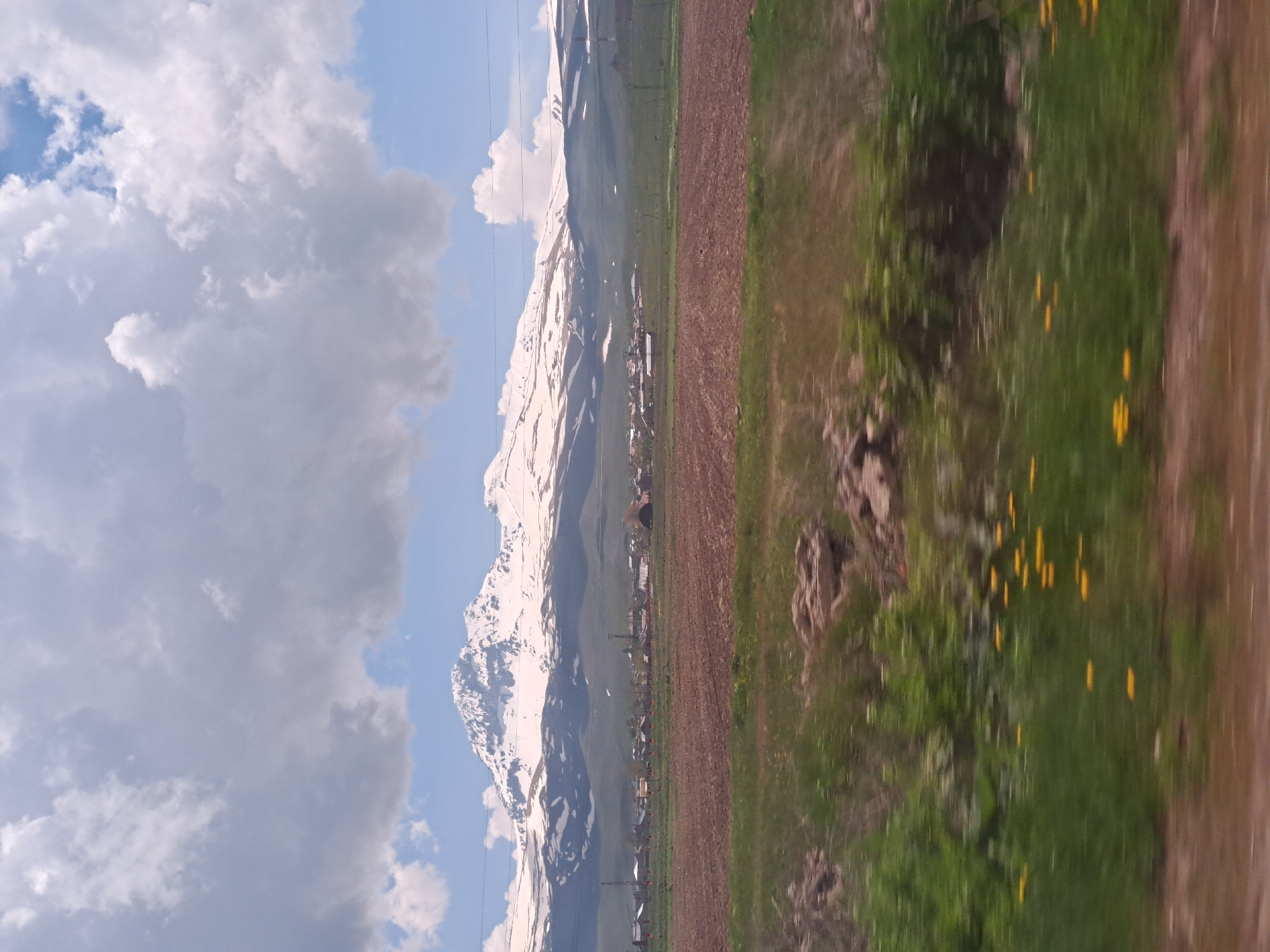 A wide-angle landscape photograph, captured from a moving vehicle, depicts a rural scene in Geghadzor, Armenia. The upper portion of the frame is dominated by a dynamic sky featuring large, well-defined cumulus clouds in various shades of white and grey, interspersed with patches of clear blue sky.
The prominent background feature is a massive snow-capped mountain range, likely Mount Aragats, with its rugged peaks and upper slopes covered in pristine white snow. Below the snowline, darker rock formations and sparse vegetation are visible.
In the mid-ground, at the base of the mountain, a small village or settlement is discernible. It comprises numerous buildings with varying roof colors, suggesting a mix of residential and perhaps agricultural structures. Extending from the village towards the viewer are large, extensively tilled fields, characterized by their reddish-brown soil, indicating recent plowing or cultivation. Interspersed among these fields are areas of vibrant green vegetation. Power lines or similar utility cables stretch horizontally across the mid-ground, passing over the village and fields, supported by visible poles.
The immediate foreground exhibits significant motion blur, confirming the photograph was taken from a vehicle in motion. This blurred area consists of a band of rich green grass and low-lying vegetation. Scattered within this green expanse, particularly on the right side, are small clusters of bright yellow wildflowers. A strip of reddish-brown earth or dirt road is visible at the very bottom edge of the frame. The overall lighting suggests a bright, daytime scene under partial cloud cover. No people or animals are explicitly visible.