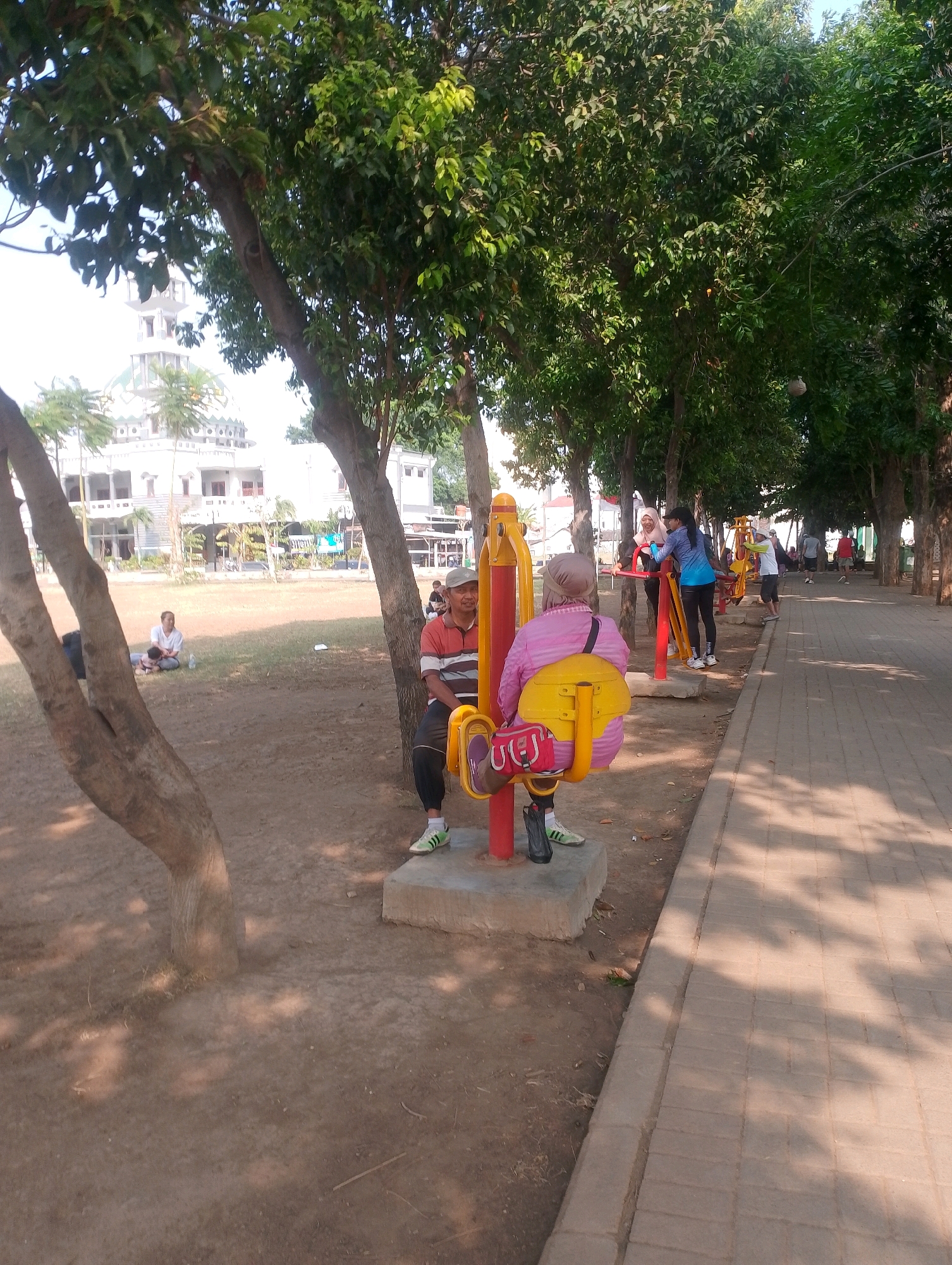 In the city of Probolinggo, Indonesia, a park scene unfolds with people engaged in various activities. In the foreground, a person sits on a yellow exercise machine with red accents, wearing a pink headscarf and a pink jacket over a yellow seat. To their left, another person in a striped shirt and black pants is also seated on a similar exercise machine, with a mosque visible in the background. A few other individuals are scattered throughout the park, with some people exercising on machines and others walking along a paved path. The environment is characterized by trees casting shadows on the ground, a grassy area, and a building that appears to be a mosque or religious institution in the distance. The overall atmosphere suggests a public space for recreation and exercise.