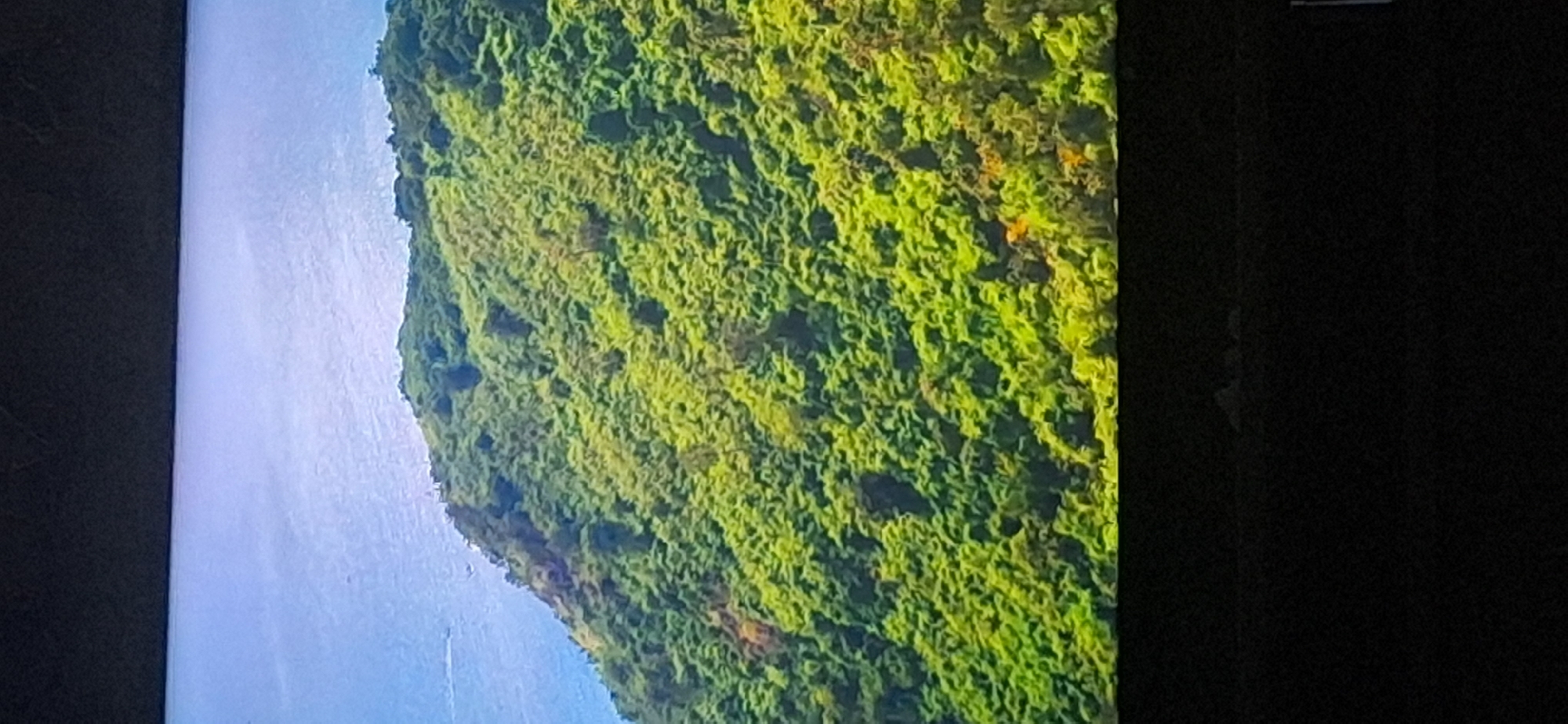 This is a photograph of a lush green mountainside covered in dense vegetation, meeting a calm blue body of water. The top of the image is dominated by a dark, blurry area, possibly the top of a television screen or frame. The mountainside slopes downward from the upper right to the lower left of the image, with the water occupying the upper left quadrant. The vegetation appears to be trees and shrubs, with variations in the shades of green indicating different types of foliage or lighting. Some areas of the hillside show hints of brown or yellow, possibly indicating exposed earth or different plant types. There are no discernible people, animals, or man-made structures visible in the scene. The image's composition suggests a natural landscape, likely a coastal or island setting. The location in Bila Tserkva, Ukraine is not depicted in the image.
