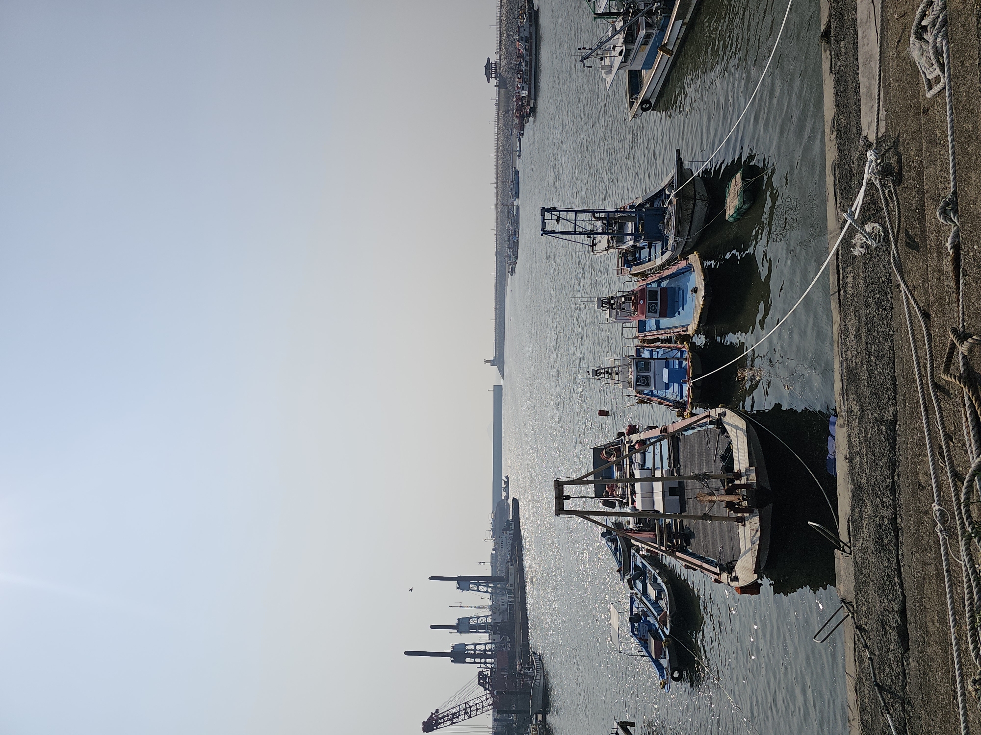 The image depicts a sunny day at a harbor in Hwaseong-si, South Korea. The foreground shows a concrete pier with several thick ropes tied to cleats. In the middle ground, a variety of boats are moored in the calm, sun-dappled water. These include several smaller blue and white fishing boats, as well as larger vessels with cabins and structures. One particularly large barge-like boat with a crane is prominently featured. In the background, a long breakwater extends into the sea, with a lighthouse visible at its end. Beyond the breakwater, industrial structures, including cranes and tall pillars, are visible along the coastline, suggesting a mix of industrial and maritime activity. The sky is clear and bright, with a faint haze near the horizon. No people are visible in the image.