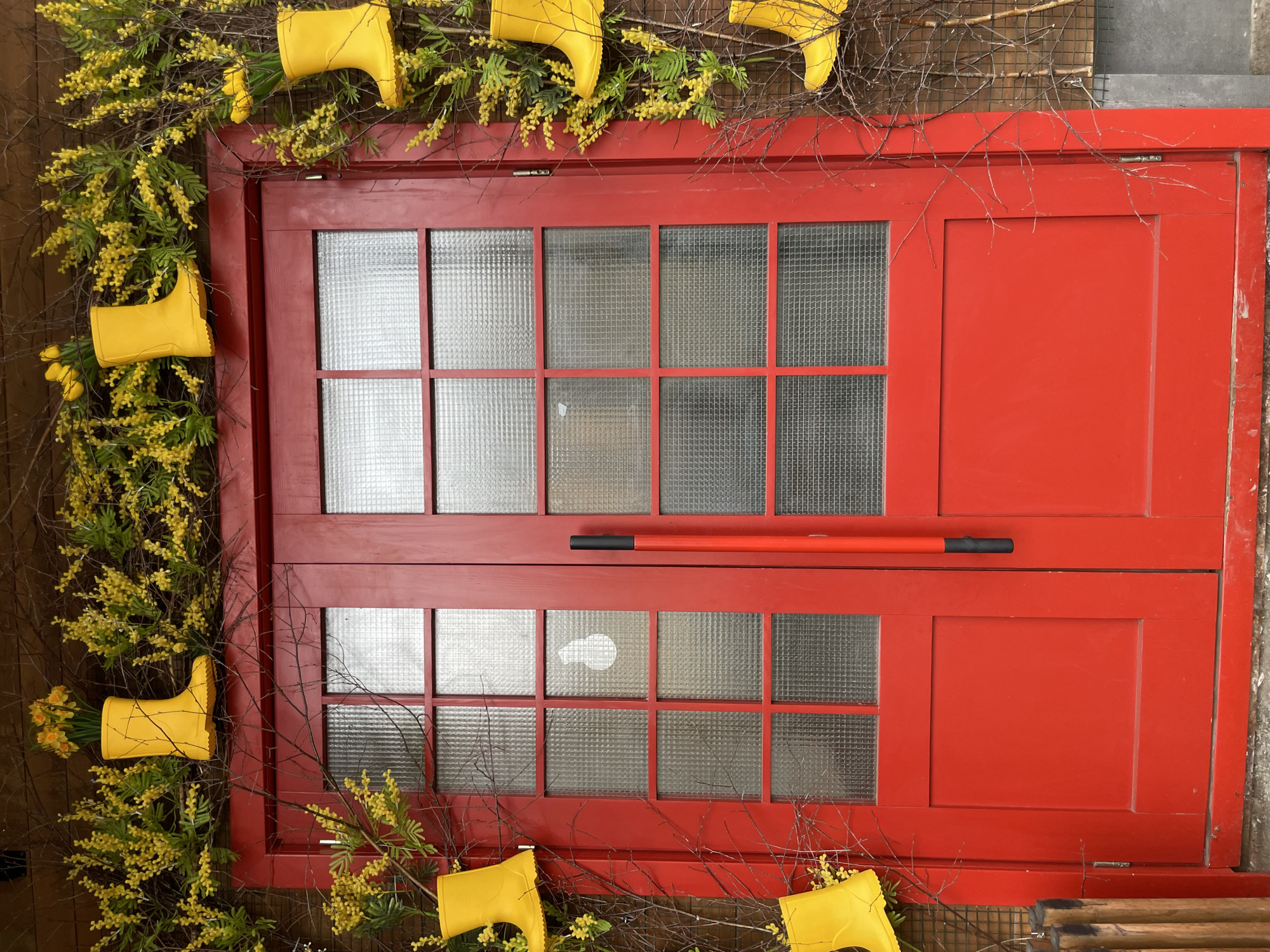 The image depicts a red double door adorned with yellow rubber boots and yellow flowers in Izhevsk, Russia. The door is divided into rectangular glass panes, some of which are obscured by reflections. A long red handle with black grips spans the width of the door. Yellow rubber boots and yellow flowers encircle the door, creating a decorative frame. Bare branches add another layer of texture to the floral arrangement. The background is partially visible, with glimpses of a wall and other structures.