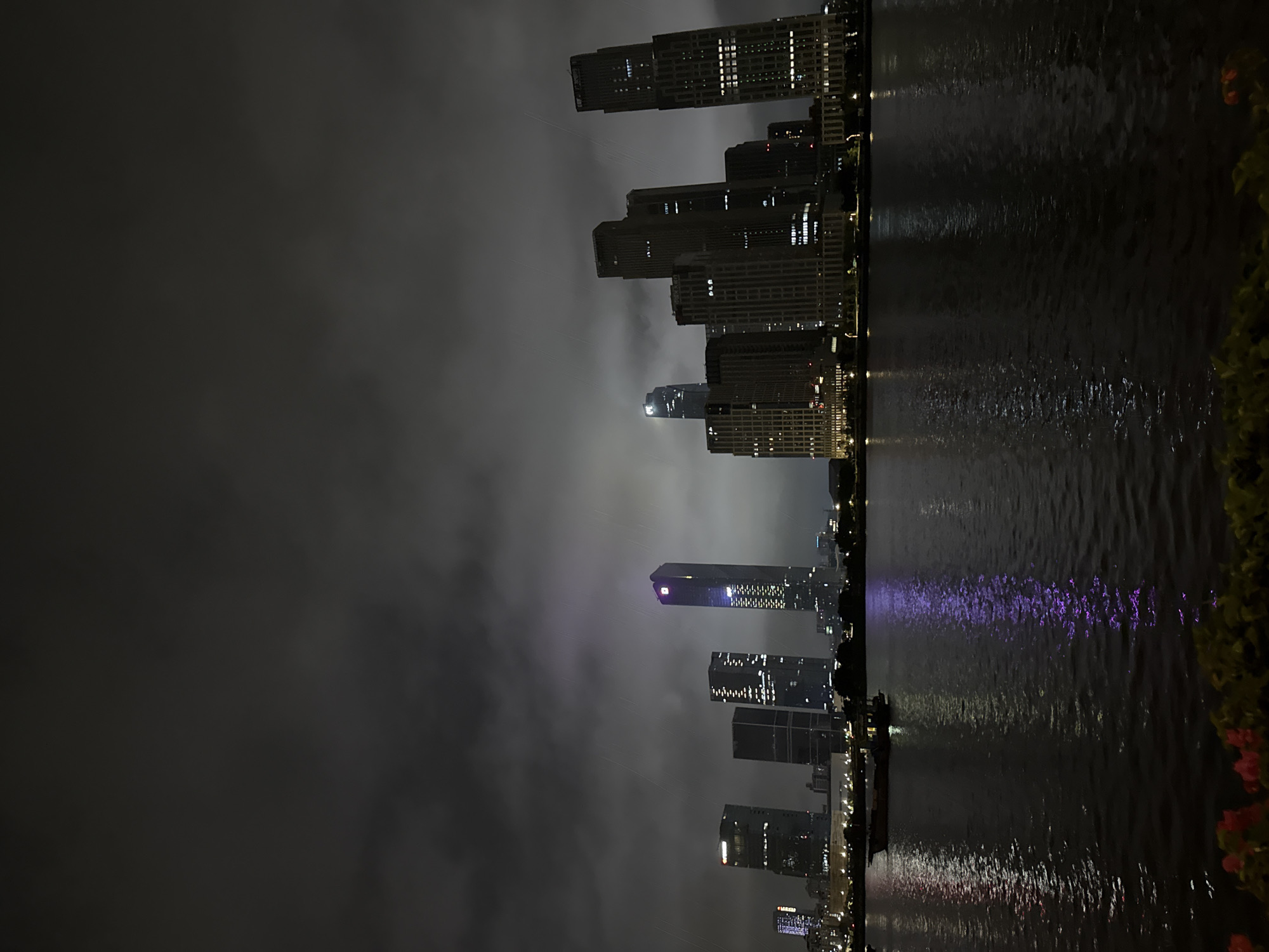 A nighttime photograph captures a cityscape in Haizhu District, China, dominated by a dark, overcast sky and illuminated by the lights of numerous skyscrapers and their reflections on the water. The scene is set along a waterfront, with a body of water in the foreground. A small boat is visible on the water, its lights reflecting on the surface. The skyscrapers, varying in height and architectural design, are adorned with countless illuminated windows, creating a dazzling display against the dark sky. Some buildings are lit with colored lights, adding to the visual spectacle. Faint streaks of light, possibly indicative of rain or atmospheric conditions, are present throughout the image. In the lower foreground, a dark, leafy area with hints of red flowers suggests a cultivated space bordering the water. The overall atmosphere is one of urban dynamism and nighttime activity.