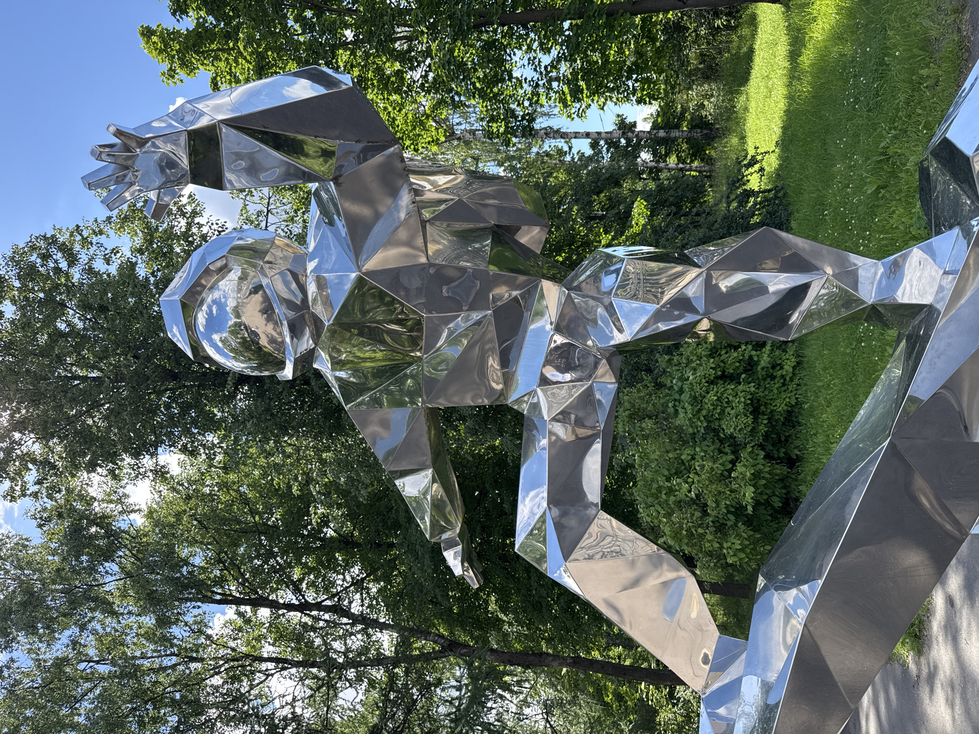 This media file showcases a striking, abstract metal sculpture of a person in motion, possibly a runner or athlete, positioned outdoors. The sculpture is highly polished and geometric, with its surfaces reflecting the surrounding environment. The figure appears dynamic, with outstretched limbs and a poised stance, suggesting an athletic pursuit.
The setting is a park or outdoor recreational area, with lush green trees and a bright blue sky visible in the background. Sunlight filters through the tree canopy, casting dappled light and highlighting the reflective qualities of the sculpture. A patch of manicured green grass with scattered small white flowers is also visible, indicating a well-maintained public space.
The time of day appears to be daytime, with clear skies and bright sunlight, suggesting pleasant weather. The overall atmosphere is one of vibrancy and athleticism, evoked by the dynamic sculpture and the lively outdoor setting. There is no visible text in the media file. The location context of Sinyavino, Russia, adds a specific geographical reference to the scene.