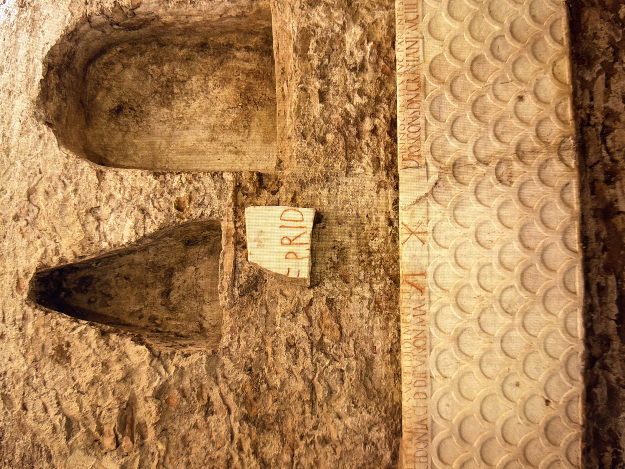 This image captures a close-up view of an ancient stone wall with two carved niches. The wall is rough and textured, suggesting age and exposure to the elements. To the right of the niches, a section of a carved stone slab is visible, featuring a repeating pattern of overlapping arcs, resembling scales. There is also an inscription on this slab, with letters carved vertically. The inscription appears to be in Latin.
The lighting is warm and directional, creating shadows within the niches and highlighting the textures of the stone. This suggests the photograph was taken during daylight hours, possibly in the morning or afternoon, with the sun casting light from the side.
The scene is one of historical preservation, likely an archaeological site or an ancient structure. The presence of the niches and the carved inscription points to a location with historical or religious significance. The overall impression is one of antiquity and enduring craftsmanship.
Visible text:
On the stone slab, the following text is partially visible:
"INNOCCNTIS VC. PARINTIS"
"PROSONSDNCRANIANCII"
"AEDONIA CID DE VINON MA"
The inscription seems to be ancient Latin, potentially related to a historical figure or event. Due to the location context provided, this could be an artifact from ancient Rome, as Latin was the language of the Roman Empire.