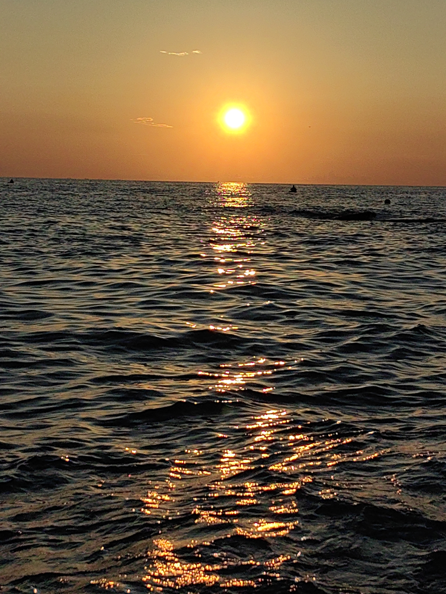 The image depicts a serene ocean scene at sunset, likely in Sochi, Russia. The sun, a bright orb, hangs low in the sky, casting a warm, golden glow across the horizon and reflecting off the gentle waves of the water. The sky is a gradient of soft oranges and yellows, with a few wispy clouds adding texture. The water itself is dark and choppy, with the sunlight creating a shimmering path across its surface, broken into many small, bright reflections.
In the distance, a few small, dark objects are visible on the water, possibly buoys or small boats, and the silhouette of a person can be seen in the water on the left side of the image. There is no visible text in the image. The overall mood is peaceful and tranquil, capturing the beauty of a natural sunset over the sea. The time of day is clearly evening, as indicated by the low position of the sun and the warm, diffused light. The weather appears calm, with gentle waves suggesting a pleasant evening. The location cues, such as the typical appearance of the sea and sky during sunset, combined with the provided context of Sochi, Russia, help to place the scene.