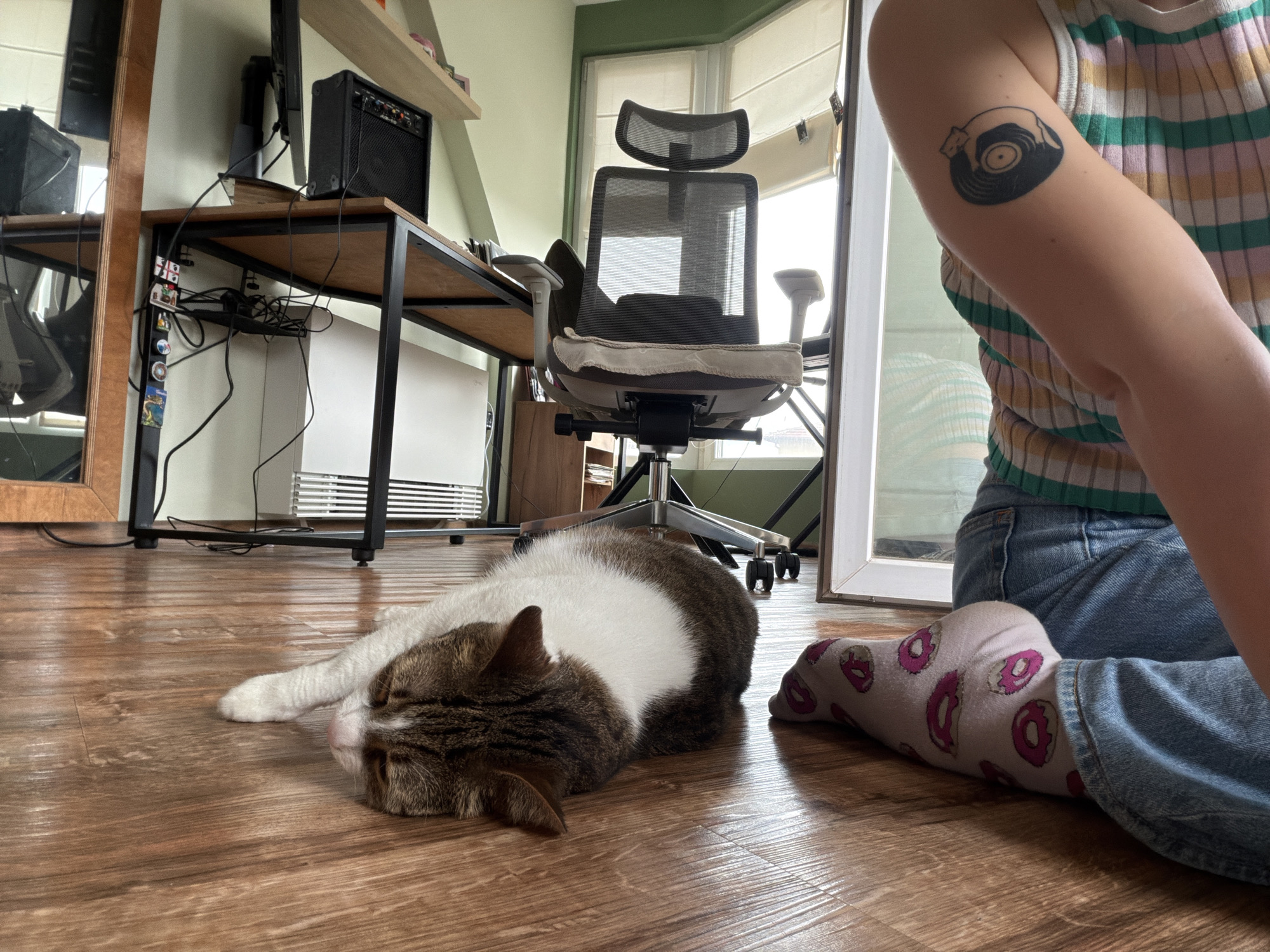 The image depicts an indoor scene within a residential room in the city of Unknown, Unknown. A person is partially visible on the right, kneeling on a wooden floor. They are wearing blue jeans and a vertically striped tank top in colors including green, pink, and white. A black tattoo of a vinyl record with a cat head on top is visible on their upper left arm. Their left foot is in a light-colored sock with pink donut patterns. To the left of the person, a brown and white tabby cat is lying on its side on the wooden floor, seemingly asleep or resting, with its head facing left and one white front paw extended.
In the background, a wooden desk with a black metal frame is positioned against a wall. On the desk, a black computer monitor is on the left, and a black guitar amplifier is on the right. Numerous black cables are visible, connected to a power strip mounted beneath the desk. Small decorative items or magnets are attached to the left side of the desk frame. A light wooden shelf is on the wall above the desk. Behind the desk and to the right, a black mesh office chair with a headrest and light-colored armrests is present, with a light fabric cover on its seat. A large window with light-colored blinds is behind the chair, illuminating the room. The walls are painted in two tones: a lighter green/beige below and a darker green above. A tall, wooden-framed mirror stands upright on the far left, reflecting portions of the room. A white radiator or air vent is visible against the back wall beneath the window frame. The flooring is consistent brown wooden planks.