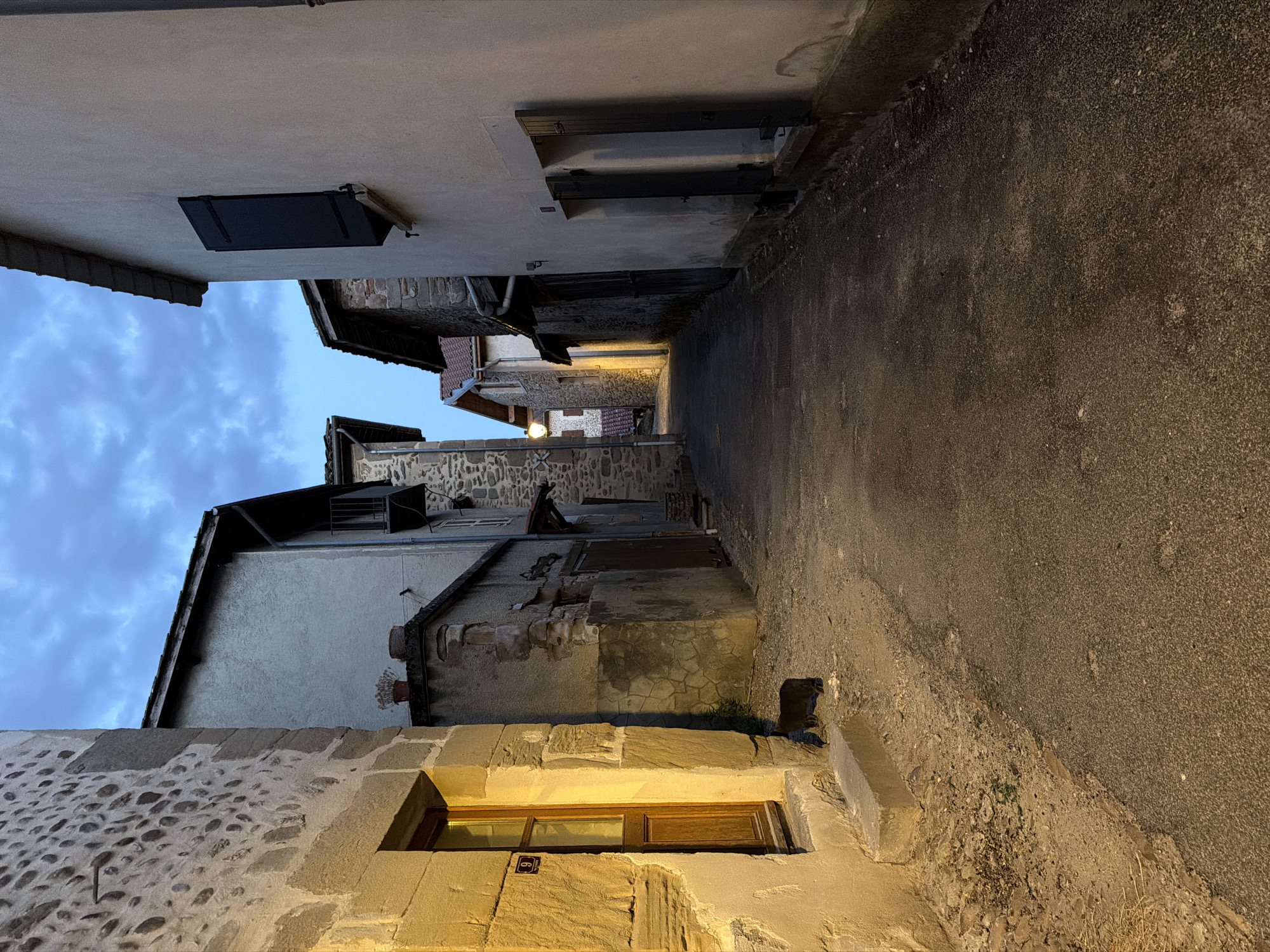A narrow, cobblestone alleyway in Saint-Antoine-l'Abbaye, France, is depicted in the image. The scene is illuminated by the warm glow of a street lamp in the distance and a light emanating from a window on the left. Buildings with stone and stucco facades line both sides of the alley. On the left, a stone building features a wooden-framed window with a house number "9". A dark-colored cat is positioned on the ground in front of this building. The sky above is overcast with a hint of twilight. The overall atmosphere suggests a quiet, European village street scene at dusk.