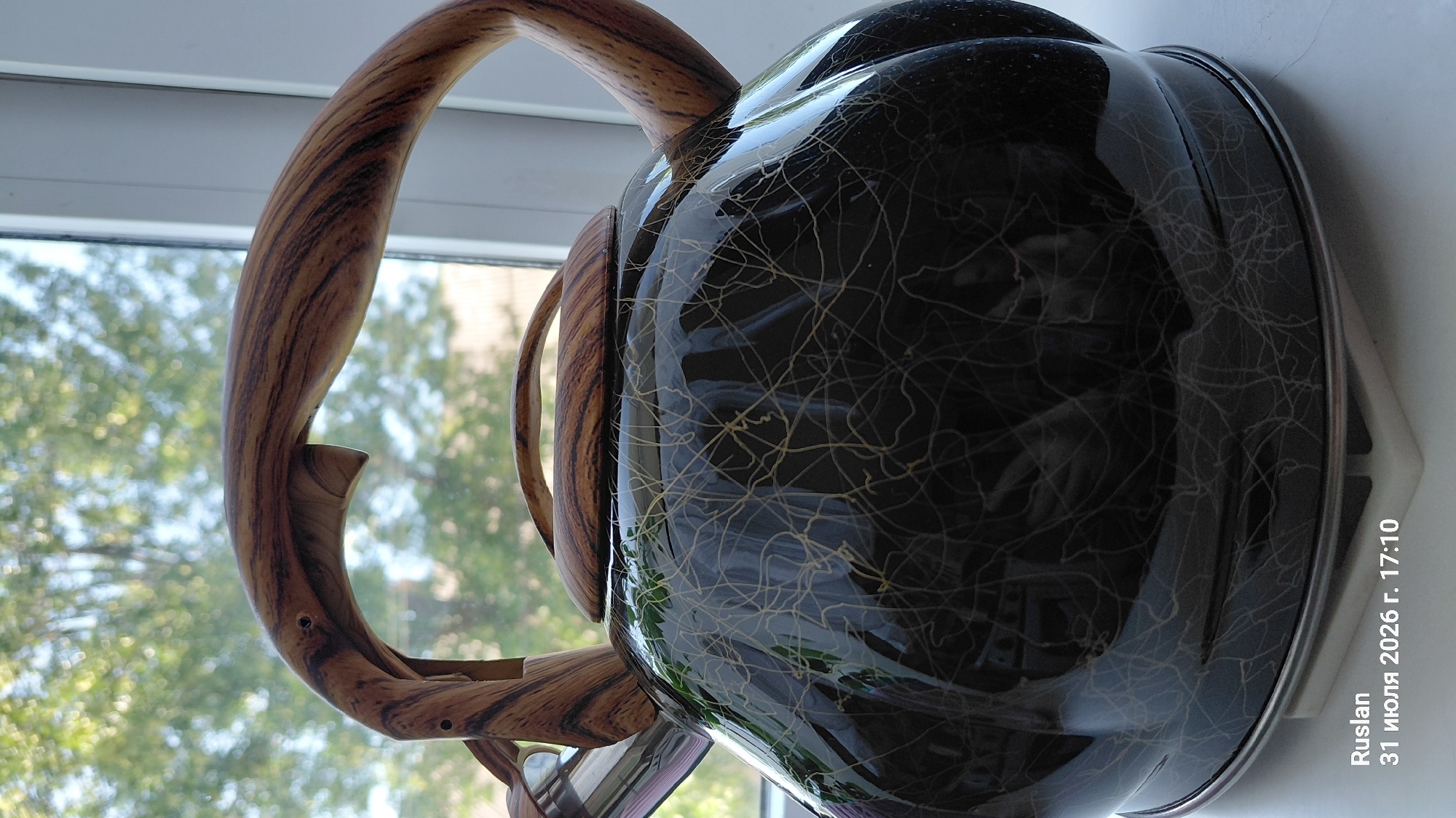 A close-up, eye-level shot features a black enamel kettle with a decorative, intricate pattern of thin gold lines. The kettle has a wooden handle and lid, with a noticeable wood grain pattern. The background is out of focus, showing greenery and a window frame, suggesting an indoor setting near a window. The bottom of the image includes text overlay reading "Ruslan" and "31 июля 2026 г. 17:10", which is Russian for "July 31, 2026, 5:10 PM". The location of Oleksandriia, Ukraine is not visually discernible in the image.
