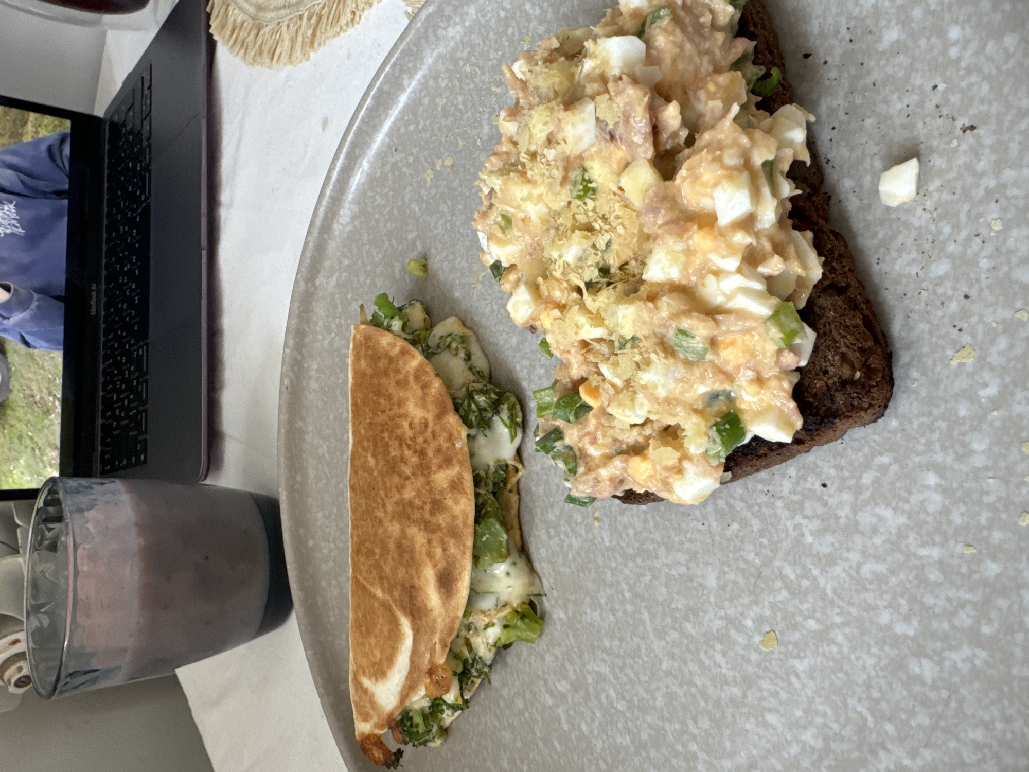 A plate contains an open-faced sandwich with what appears to be tuna salad on dark bread, and a folded quesadilla filled with green vegetables and cheese. A glass of a purplish smoothie is beside the plate. A laptop sits next to the plate on a table. No indication of location in Krasnoyarsk, Russia, is apparent. No people are visible.