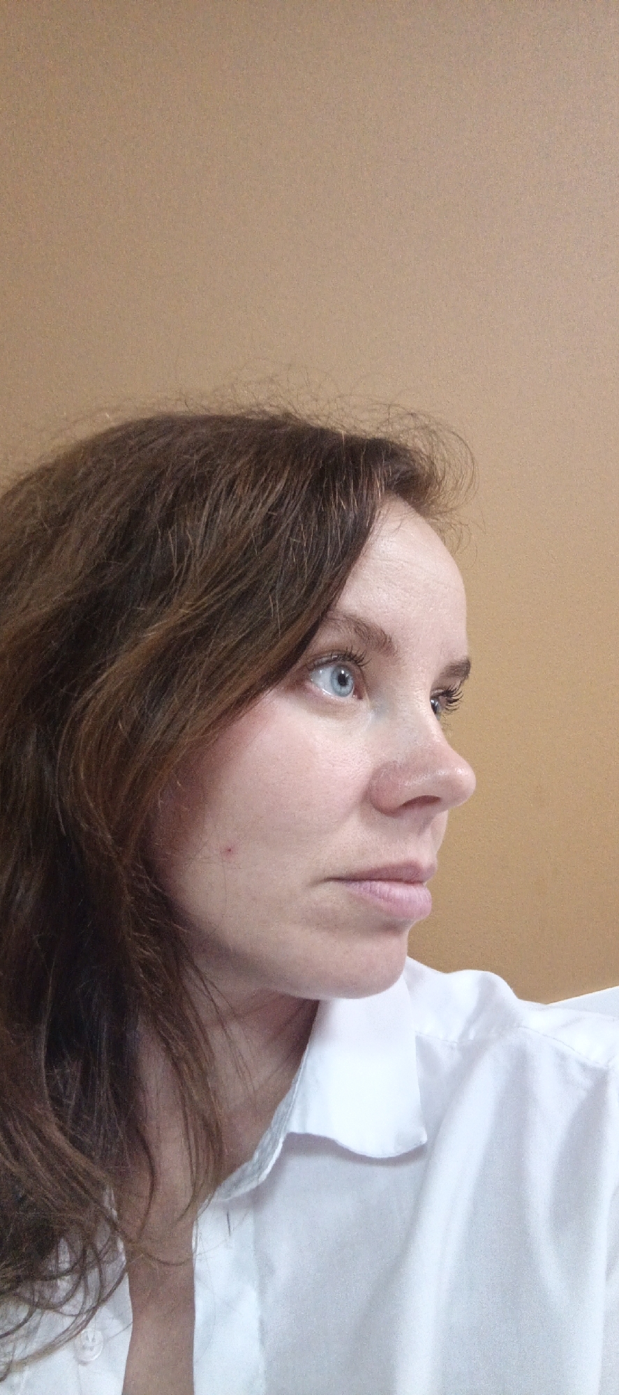 A woman with brown hair and blue eyes, facing right, is shown from the shoulders up. She is wearing a white collared shirt. The background is a plain tan wall. The image is a medium close-up, with the woman's face filling most of the frame. There is no indication of the city of Chaikovsky, Russia, or any specific location.