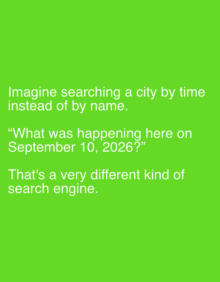 The image contains text on a bright green background. The text reads: "Imagine searching a city by time instead of by name. 'What was happening here on September 10, 2026?' That's a very different kind of search engine." There are no people, subjects, objects, or environmental details present in the image, as it is purely text-based.
